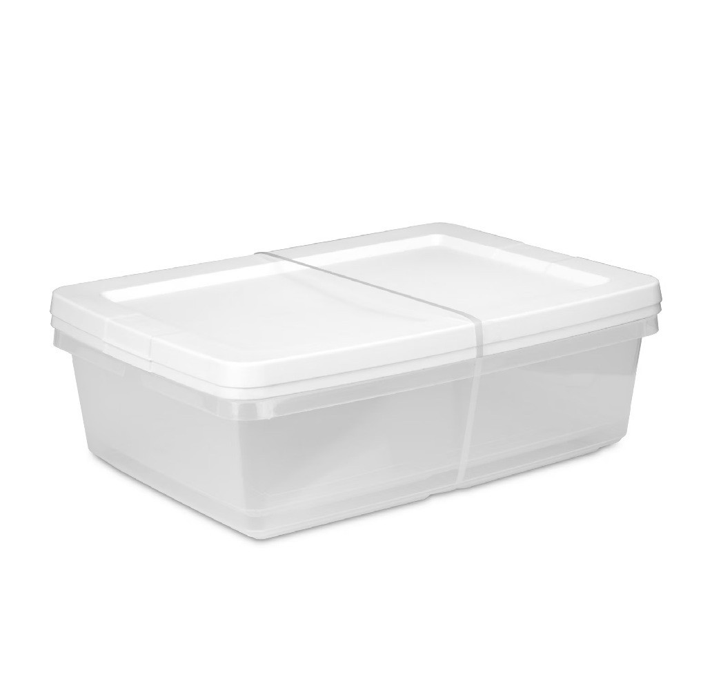 Sterilite 28 Quart Small Bin Clear Plastic Storage with White Snap-On Lid