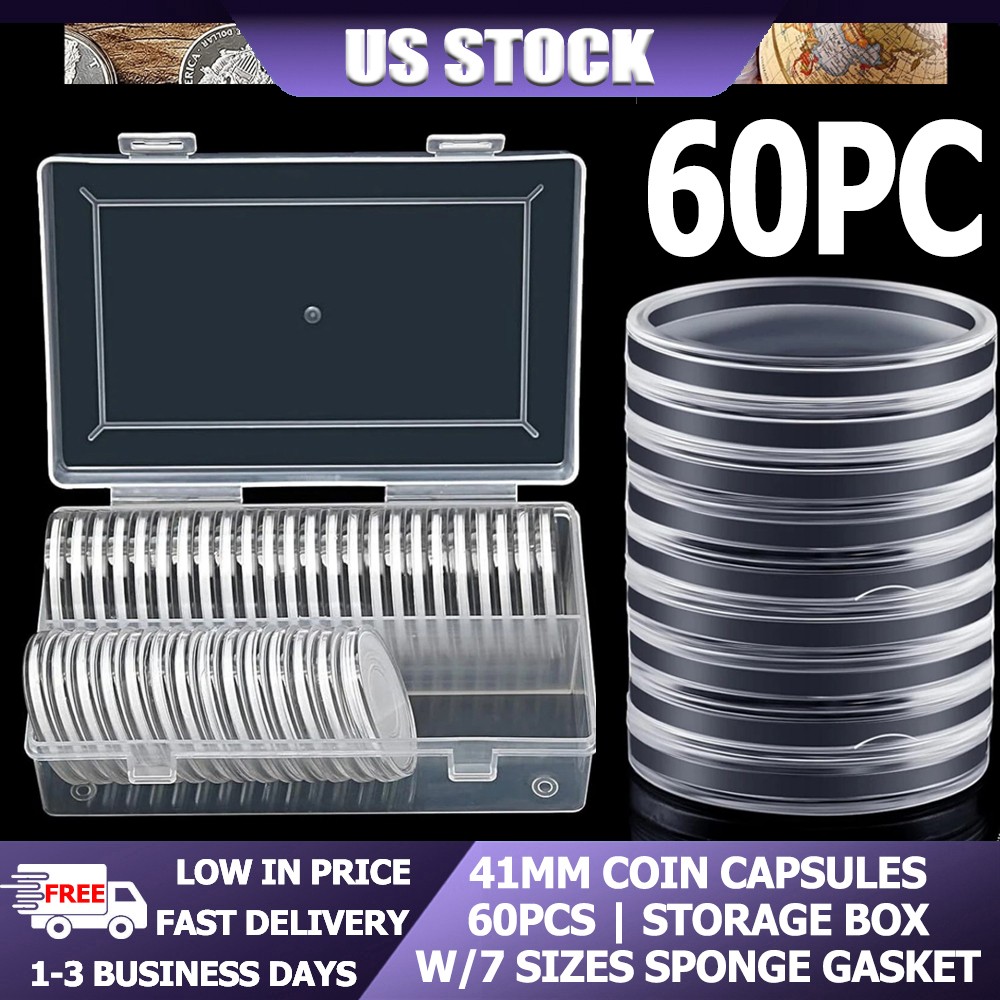 Clear 41mm Coin Capsules 60 Pcs For 1oz Silver Bullion Coins w/Storage Box US
