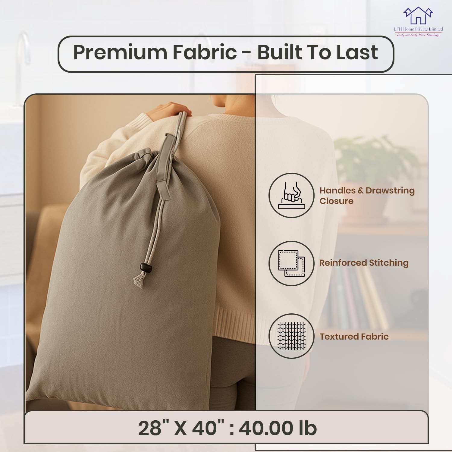 LFH Home Cotton Rich Canvas Extra Large Laundry Bag with 28”x40”, Grey