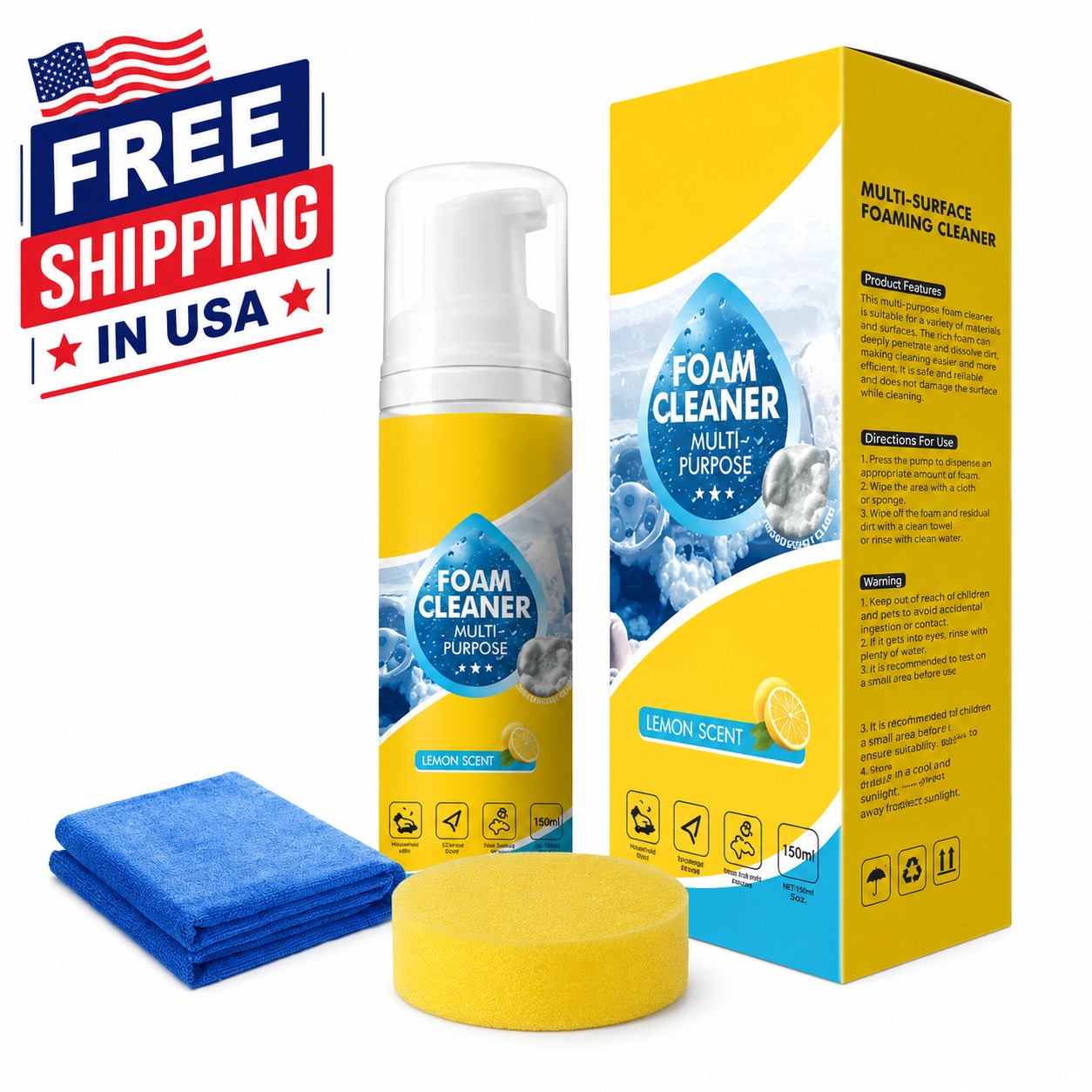 4-in-1 Multi-Enzyme Foam Cleaner, All-Purpose Spray 5oz with Sponge & Towel
