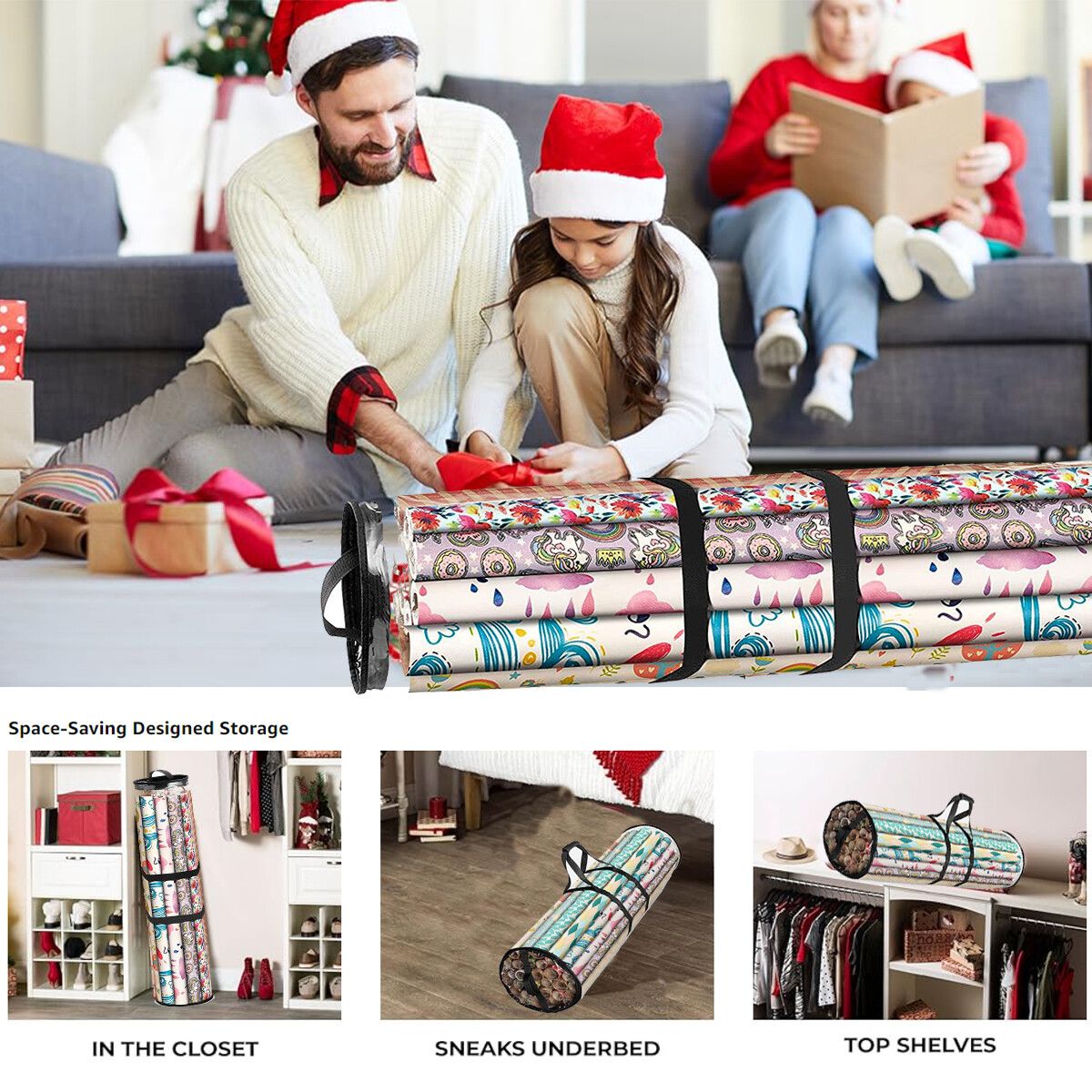 Waterproof Christmas Wrapping Paper Storage Bag Fits 14-20 Rolls 40 Inches Long