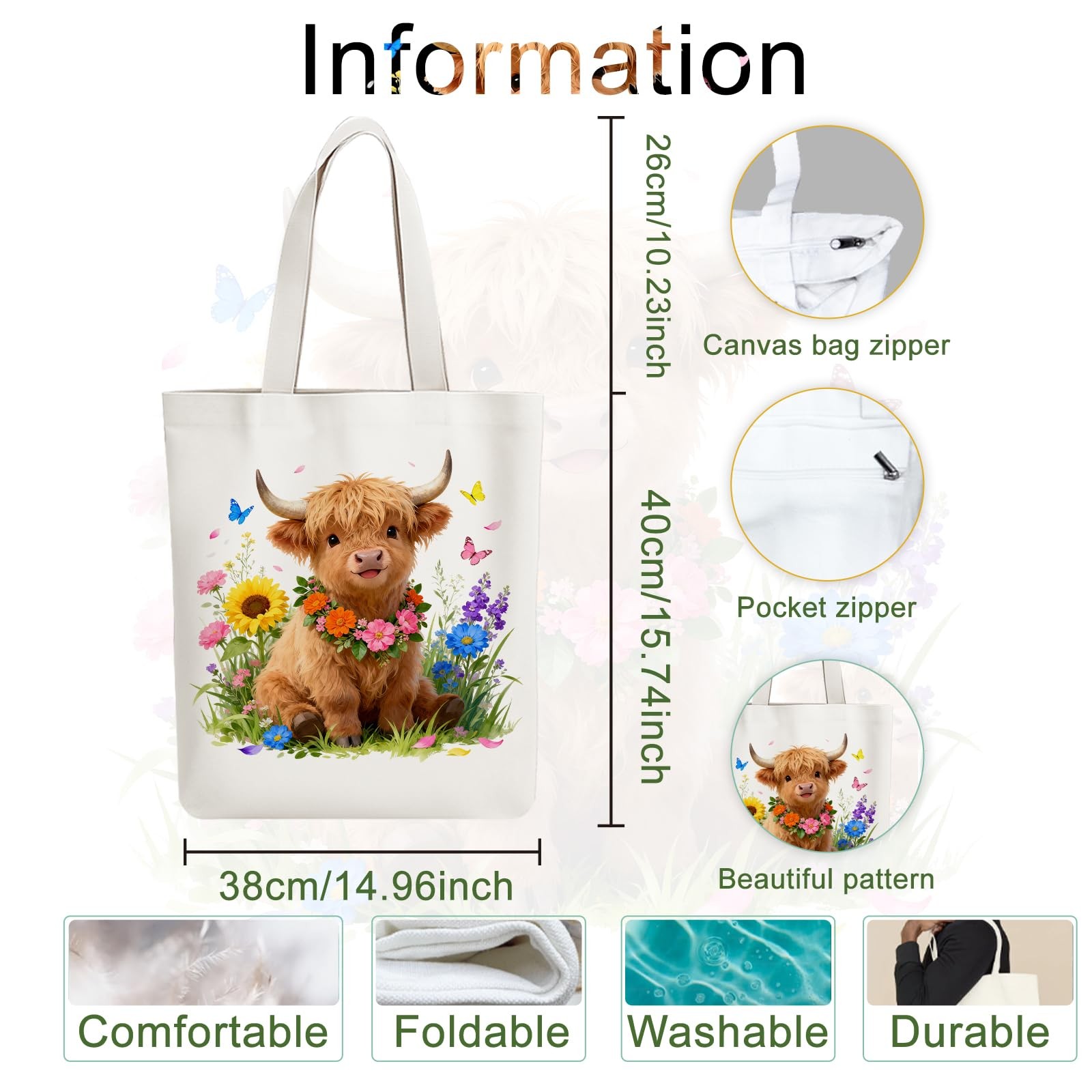 Reusable Durable Floral Highland Cow Canvas Tote Bag, Zippered Shoulder Women’s
