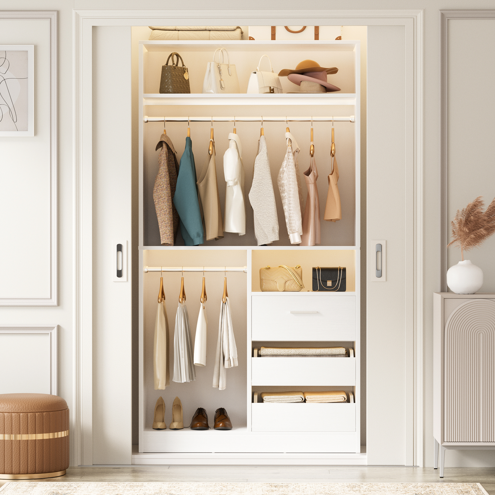 36″ Freestanding Closet System With 2 Hanging Rods ＆ 3 Open Drawers ＆ 3 Shelves