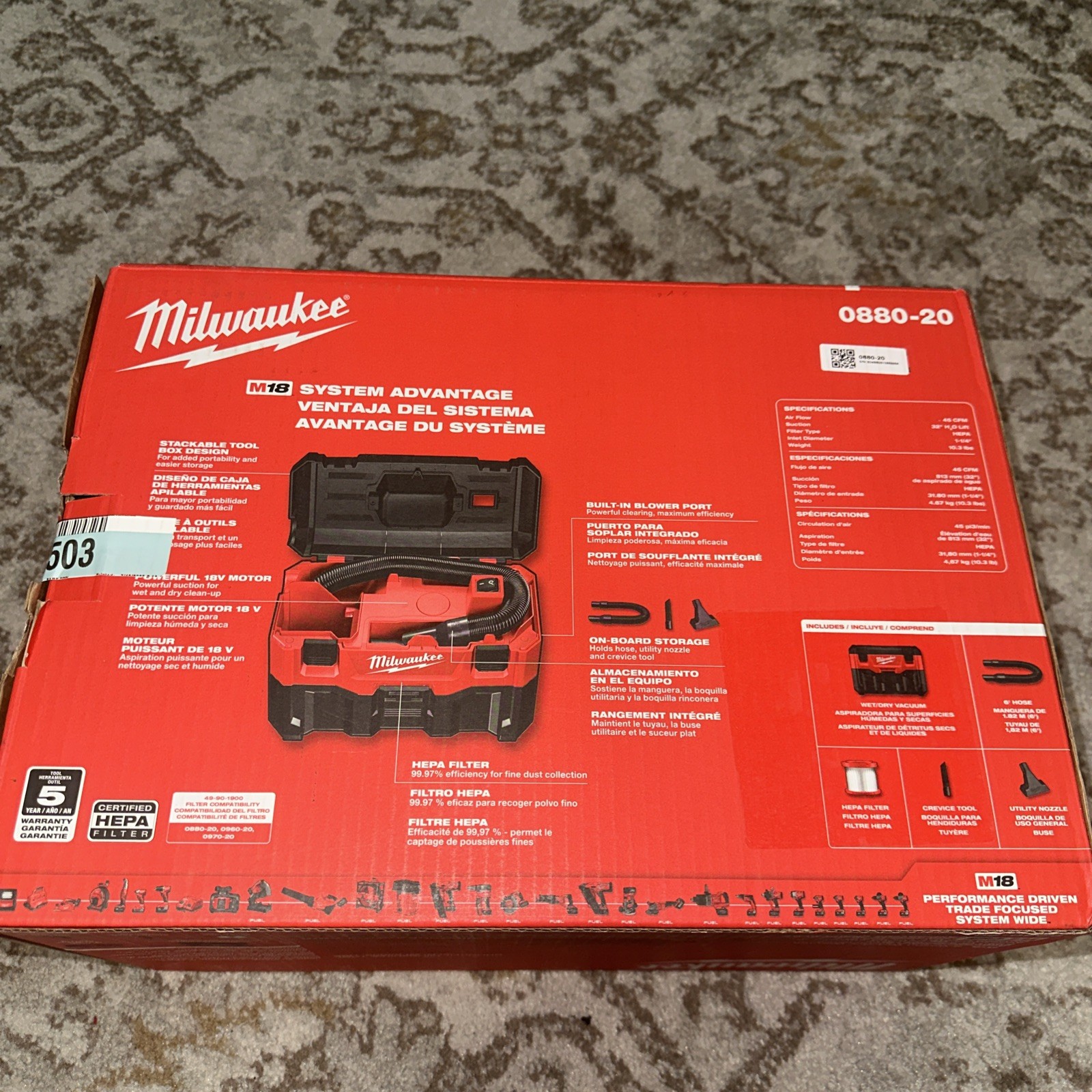NEW IN BOX Milwaukee 0880-20 Cordless Vacuum M18 2 Gal Wet/Dry HEPA 18 Volt Vac