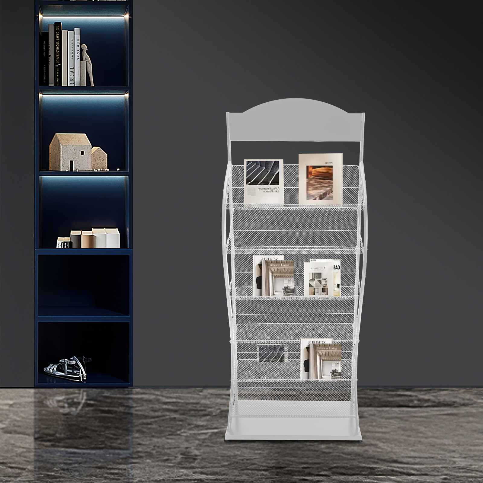 6 Tiers Magazine Display Stand Gray and White Brochure Rack For Offices/Shops.