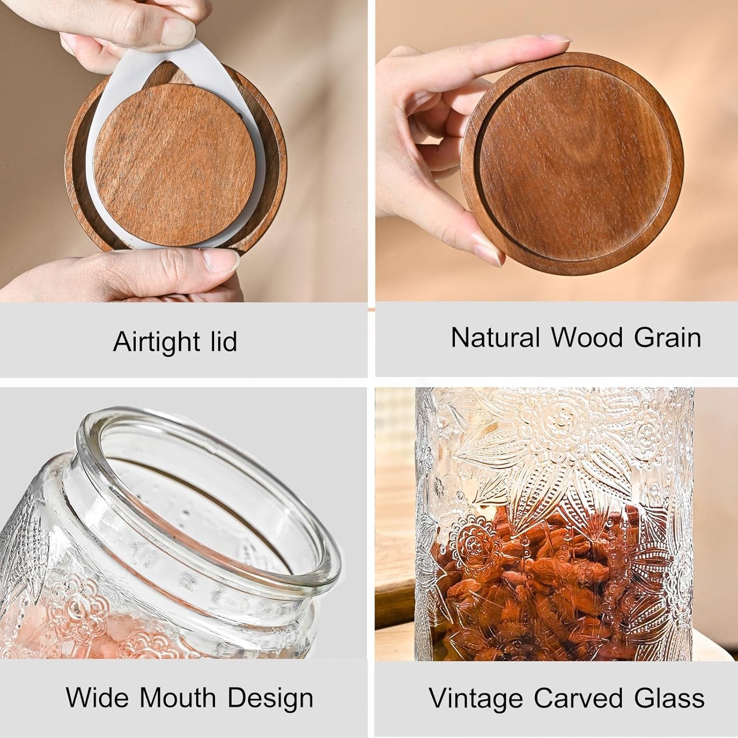 32oz Vintage Glass Jars With Lids, Airtight Food Storage Containers, Kitchen Can