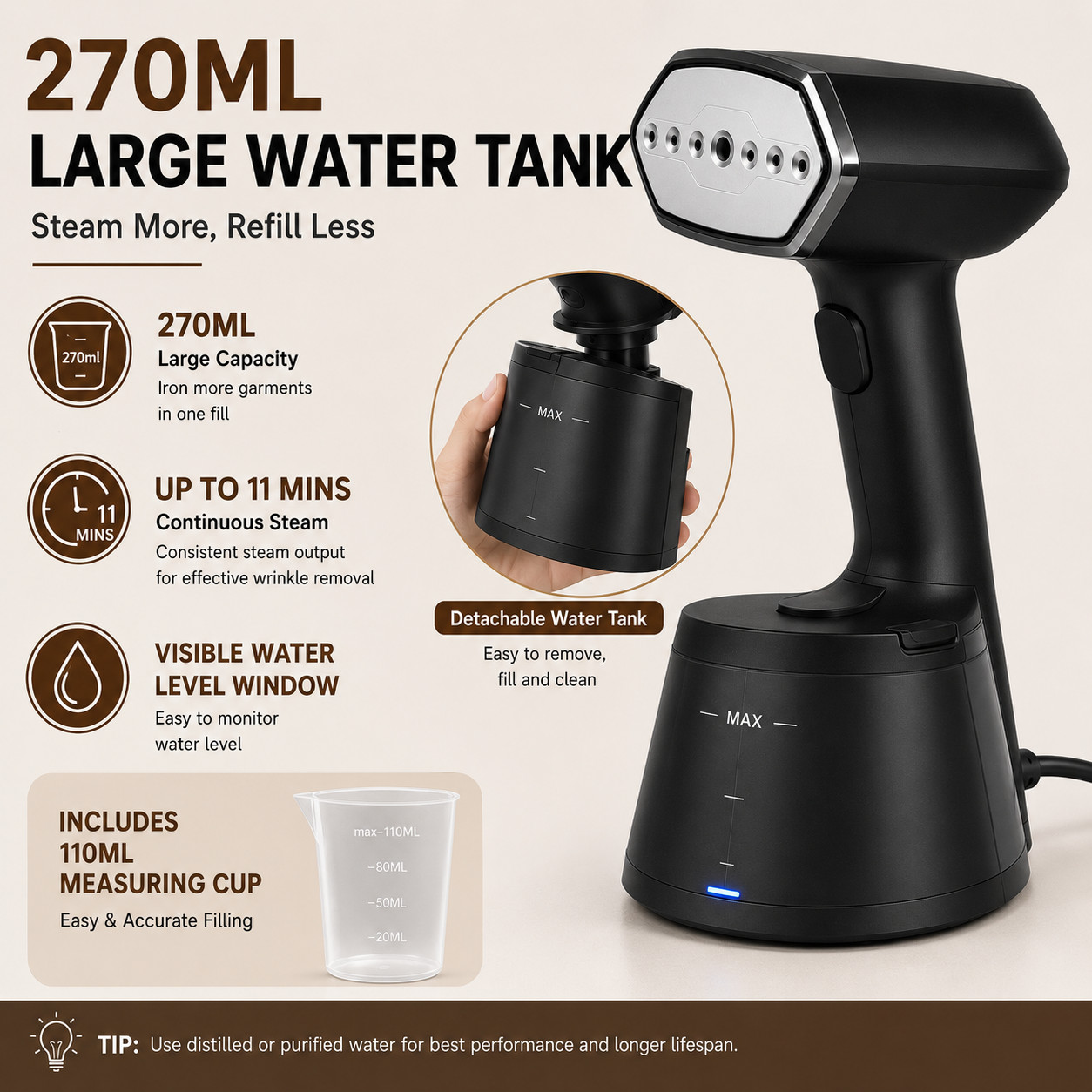 Compact Handheld Garment Steamer for Clothing. Heats Up in 30 Seconds