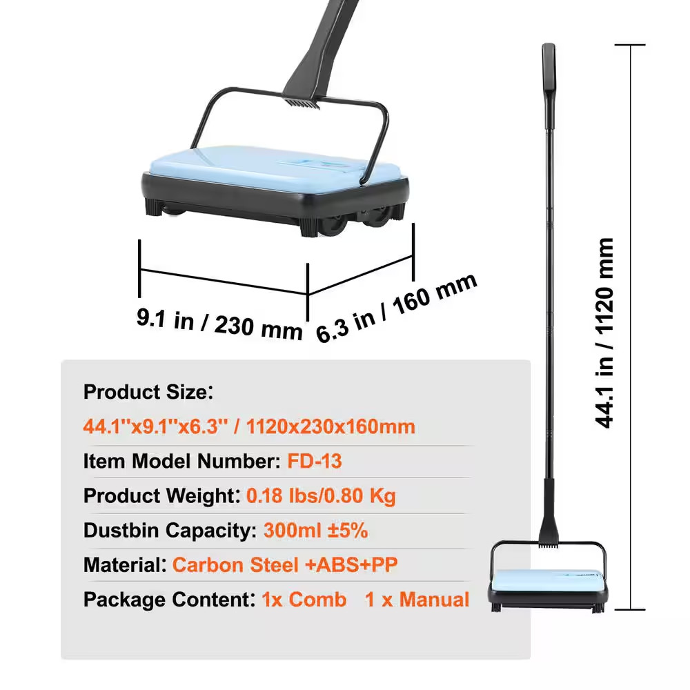 Carpet Sweeper Manual, Floor Sweeper with 300 Ml Dustbin Capacity Easy to Empty,