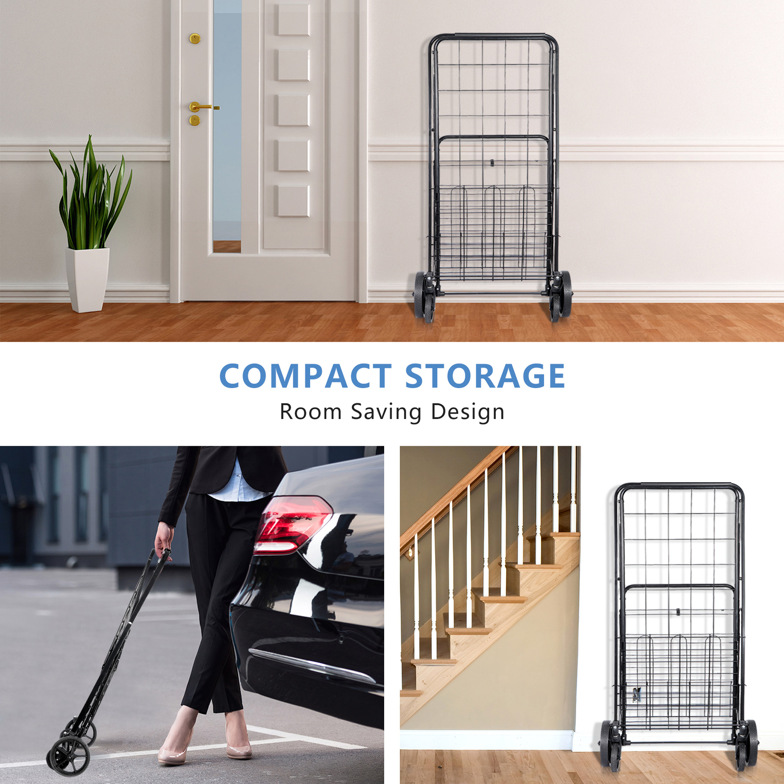 Folding Shopping Cart Rolling Trolley Utility 2 Basket W/Wheel for Laundry Black