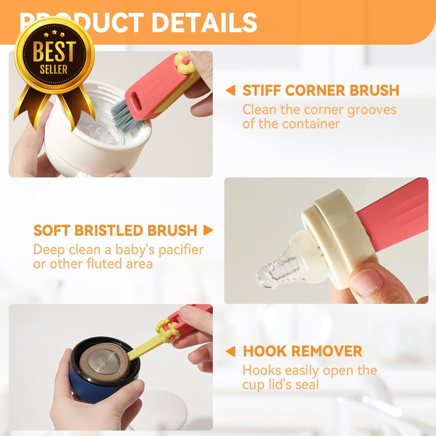 3 in 1 Cup Lid Cleaning Brush Set Bottle Gap Crevice Cleaner Multicolor