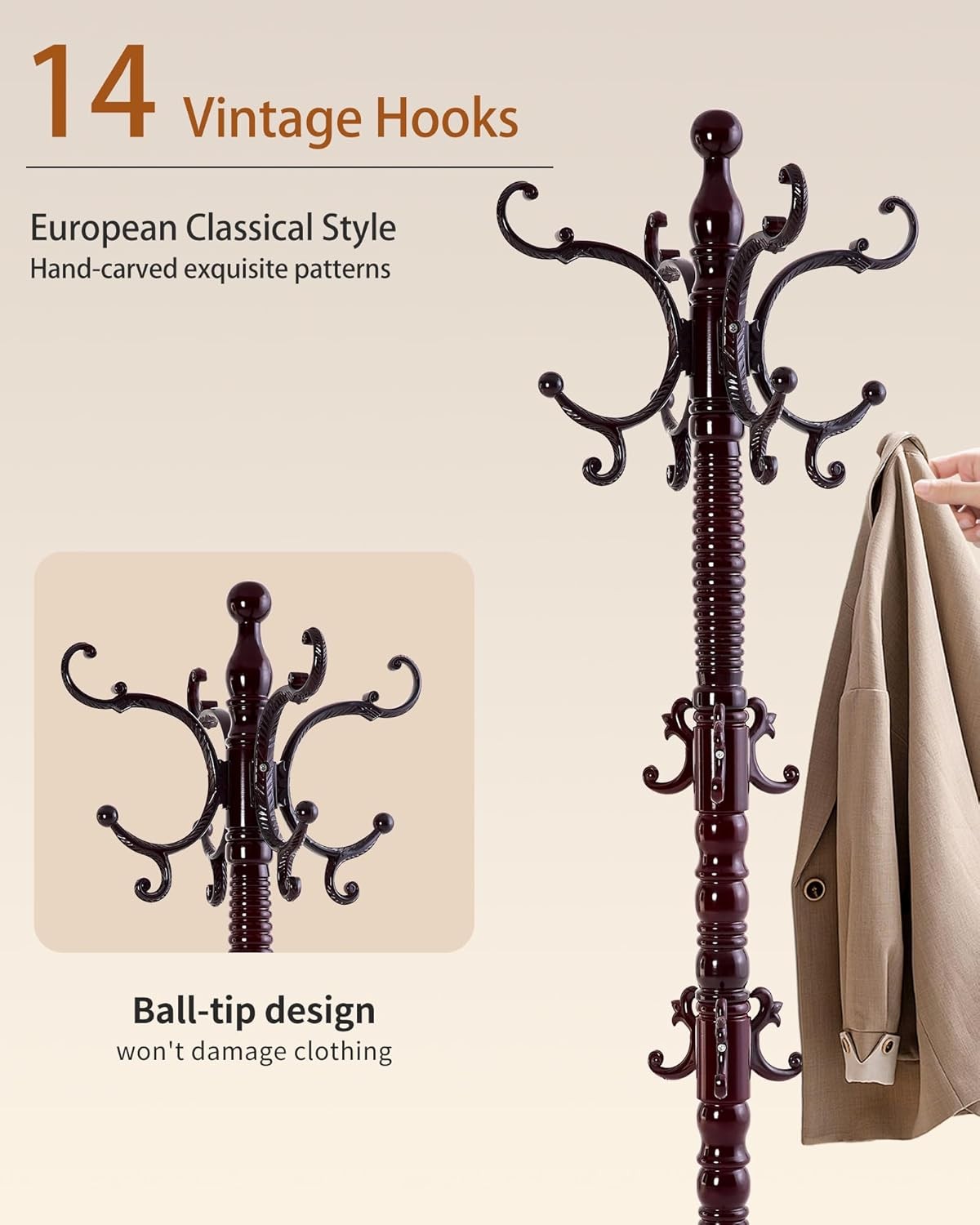 Wooden Coat Rack Freestanding Solid Wood Coat Rack Stand W/ 14 Hooks Vintage
