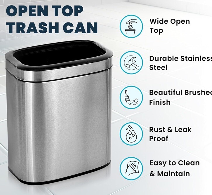 Compact 5.3 Gallon Brushed Stainless Steel Kitchen Trash Can – Open Top Design