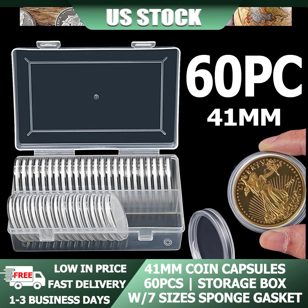 60pcs Snap Tight Seal Coin Capsules 41mm With Plastic Storage Organizer Box USA