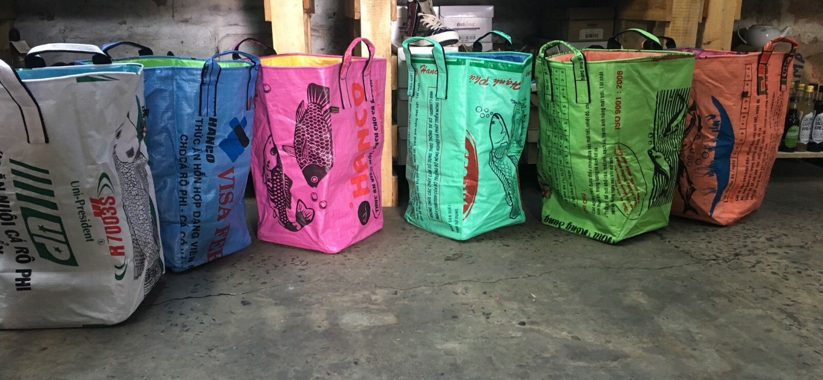 Fair Trade Upcycled Laundry Basket made from Recycled Fish Feed Bags in Cambodia