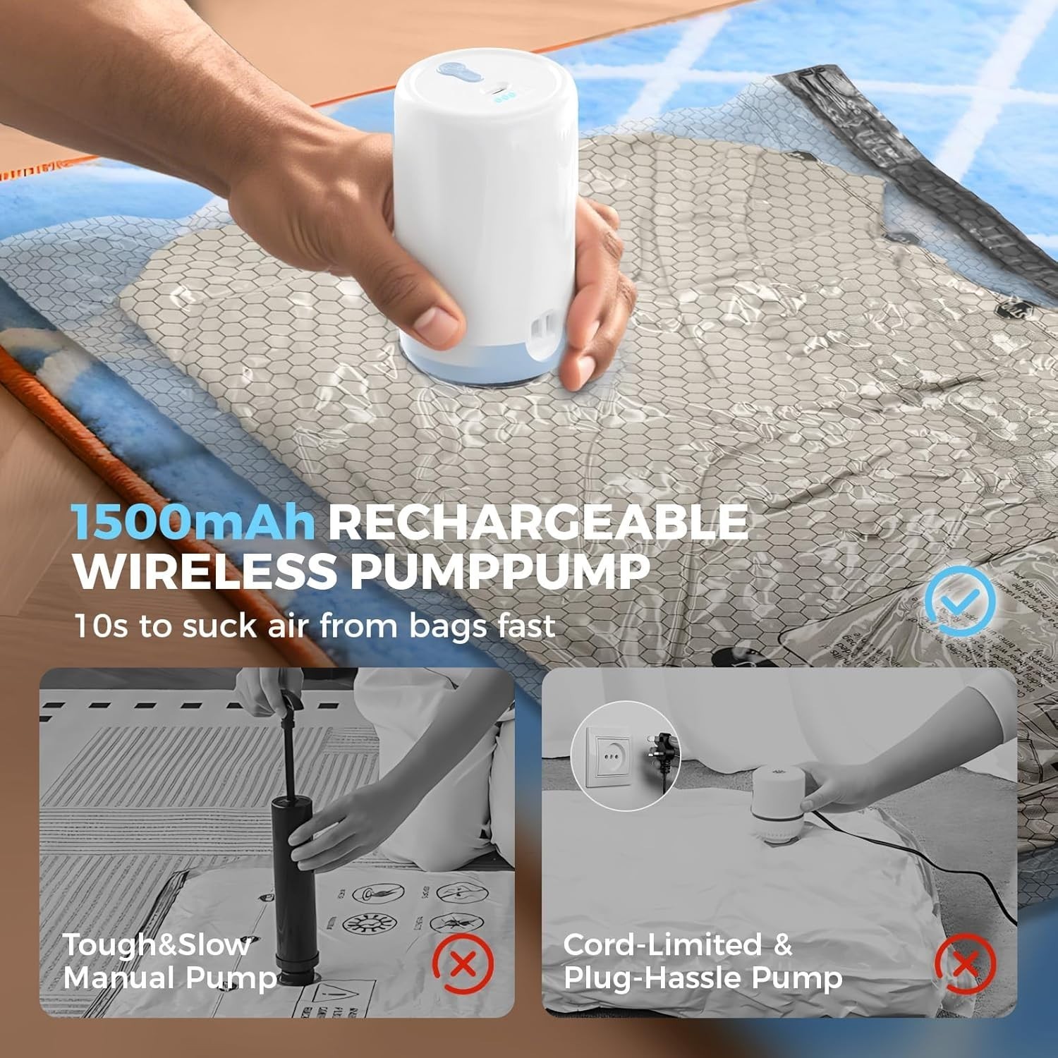 15 Pack Travel Vacuum Bags with Rechargeable Wireless Pump, Clothing Seal Org US