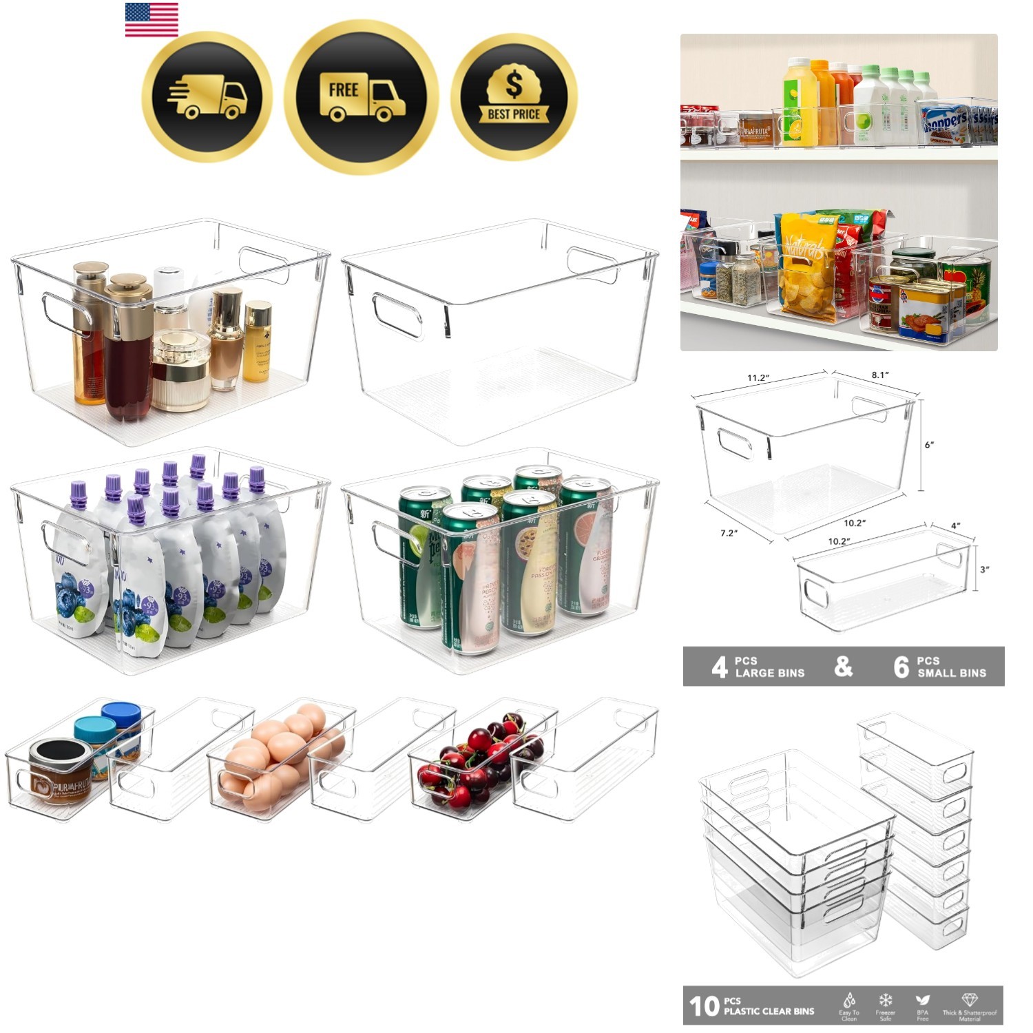 Durable Clear Storage Bins Set of 10: 4 Large & 6 Small with Easy-Grip Handles