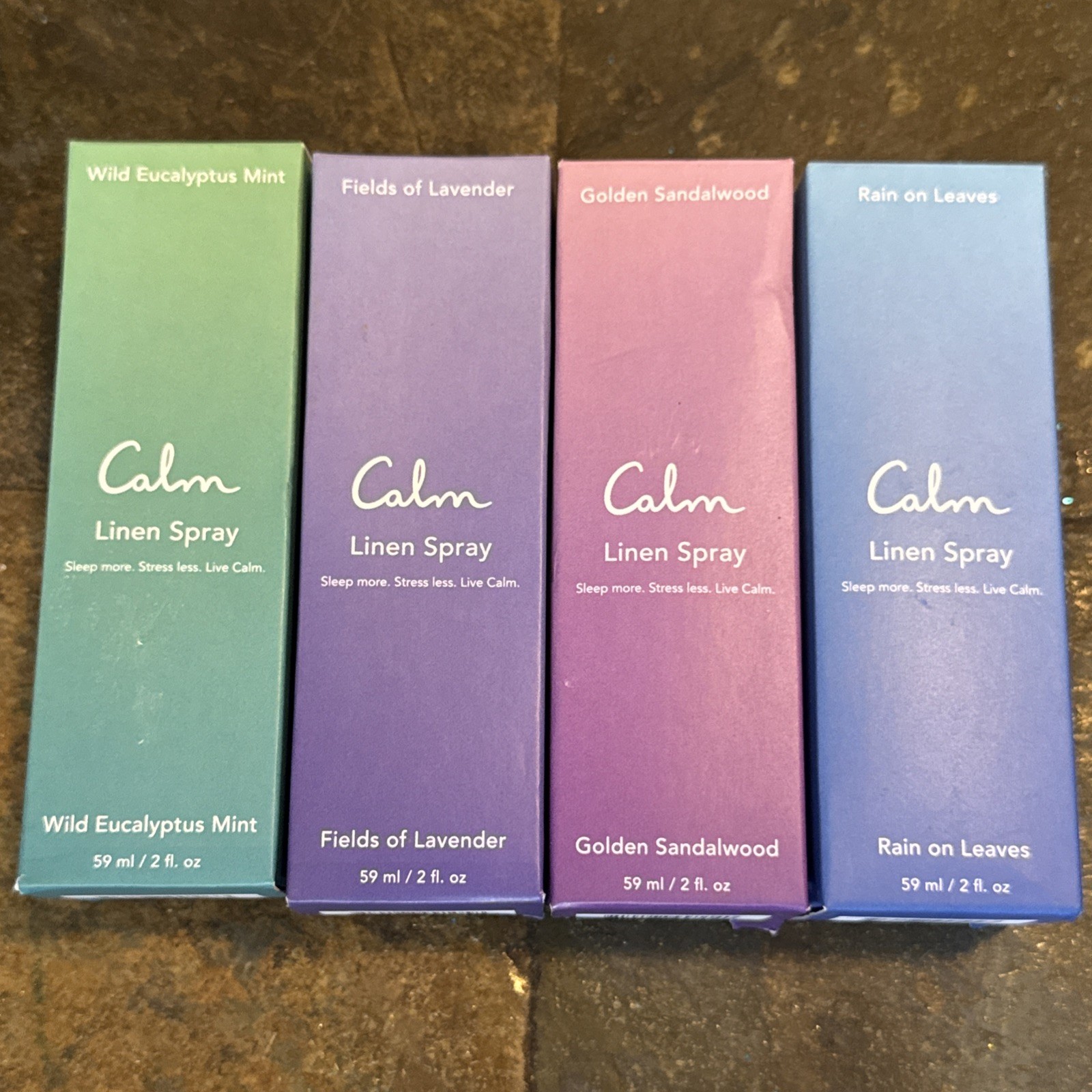 Set Of 4 “Calm Linen Spray” Rain On Leaves Sandalwood Lavender Mint 2 oz Each