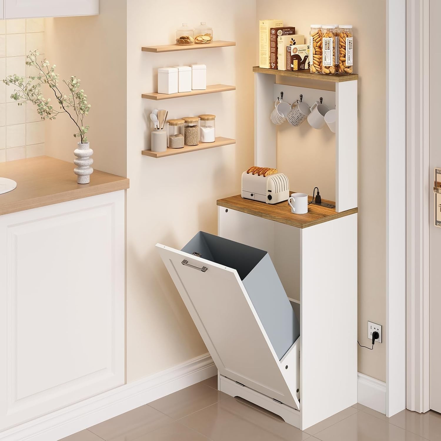 Tilt Out Trash Can Cabinet with Charging Station, Kitchen Trash Bin Cabinet w…