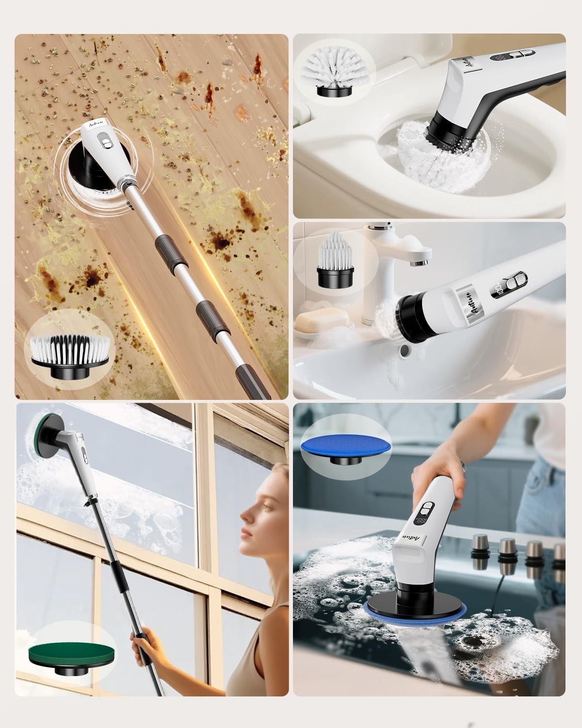25kg Torque Electric Spin Scrubber IPX8 Waterproof LED 5 Heads 90min Runtime