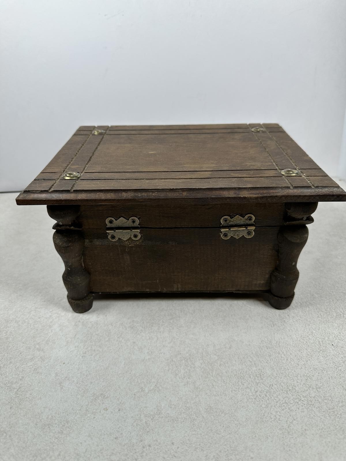Vintage Wooden Jewelry Box With Lion Pulls Rustic Red Lined 10×7.75