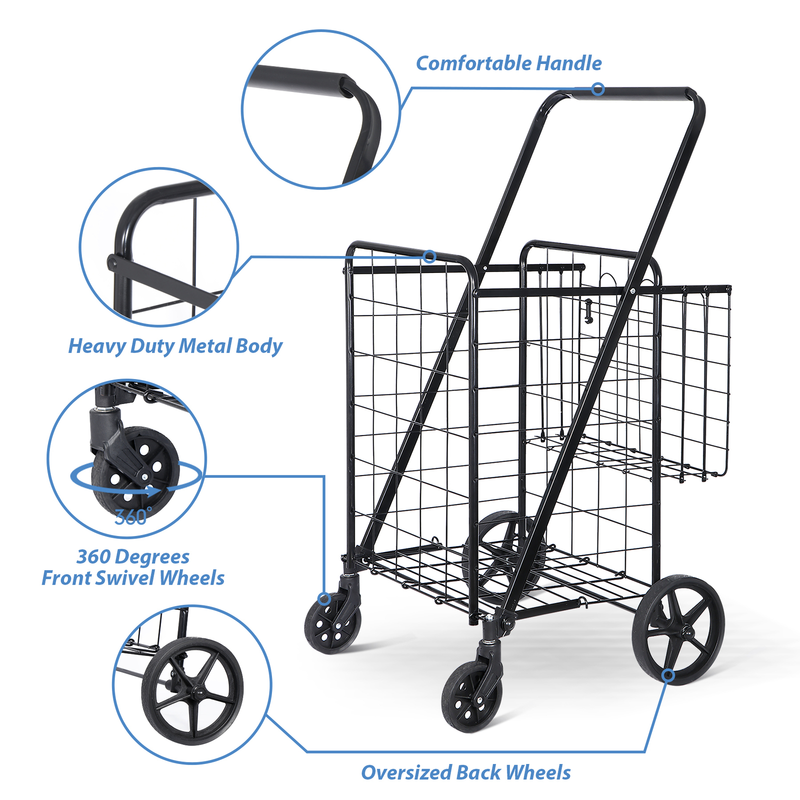 Folding Shopping Cart Rolling Trolley Utility 2 Basket W/Wheel for Laundry Black