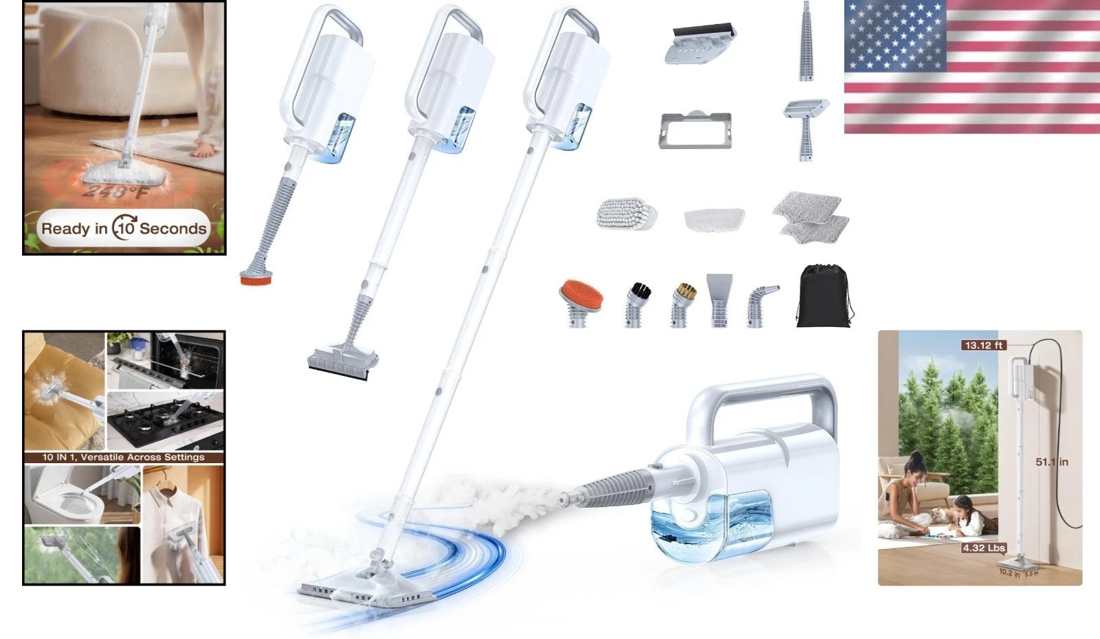 10s Heated Steam Mop: 350ml Tank & 248°F Cleaning Power for Ultimate Convenience