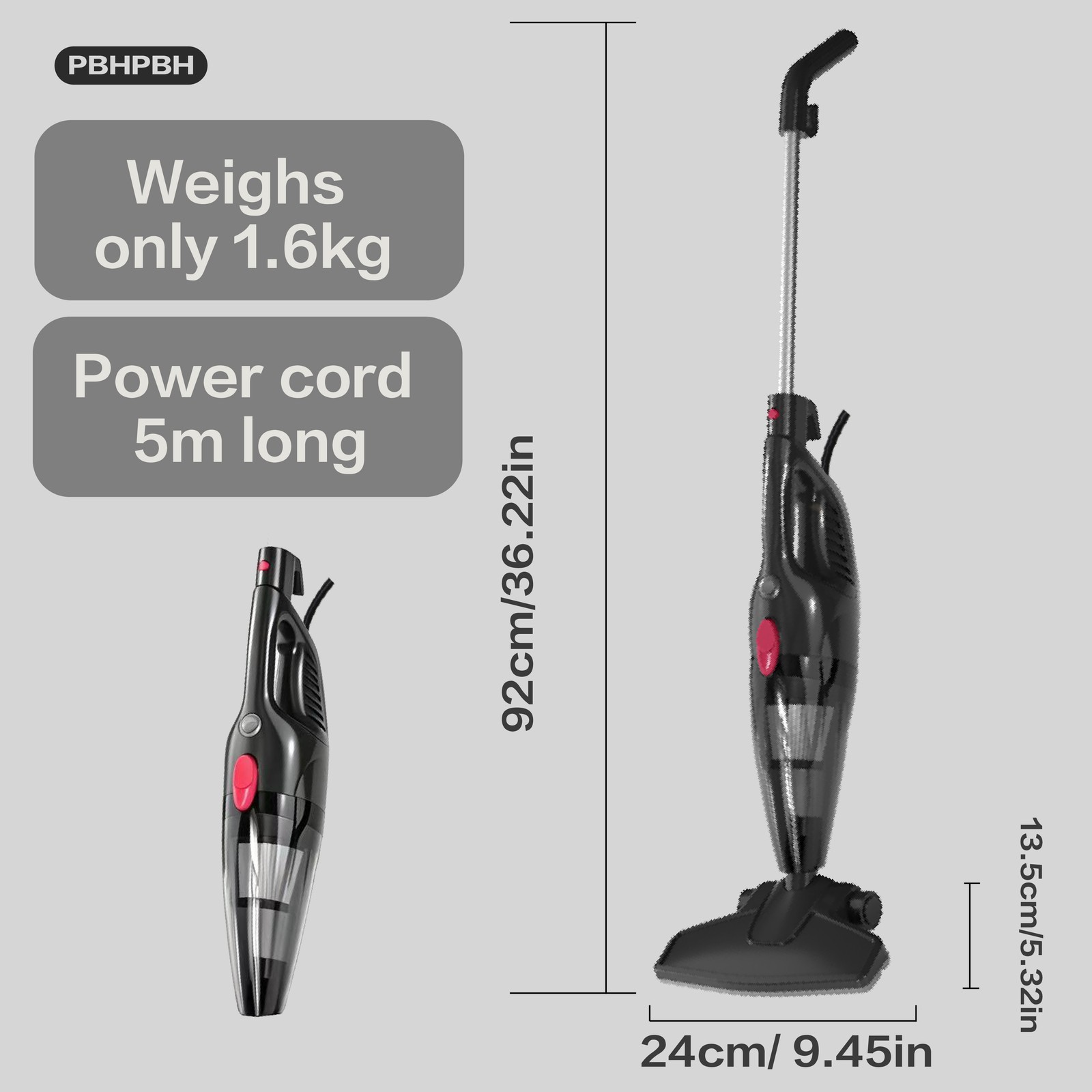 PBHPBH corded vacuum cleaner, 23KPa strong suction, 600W motor, portable vacuum
