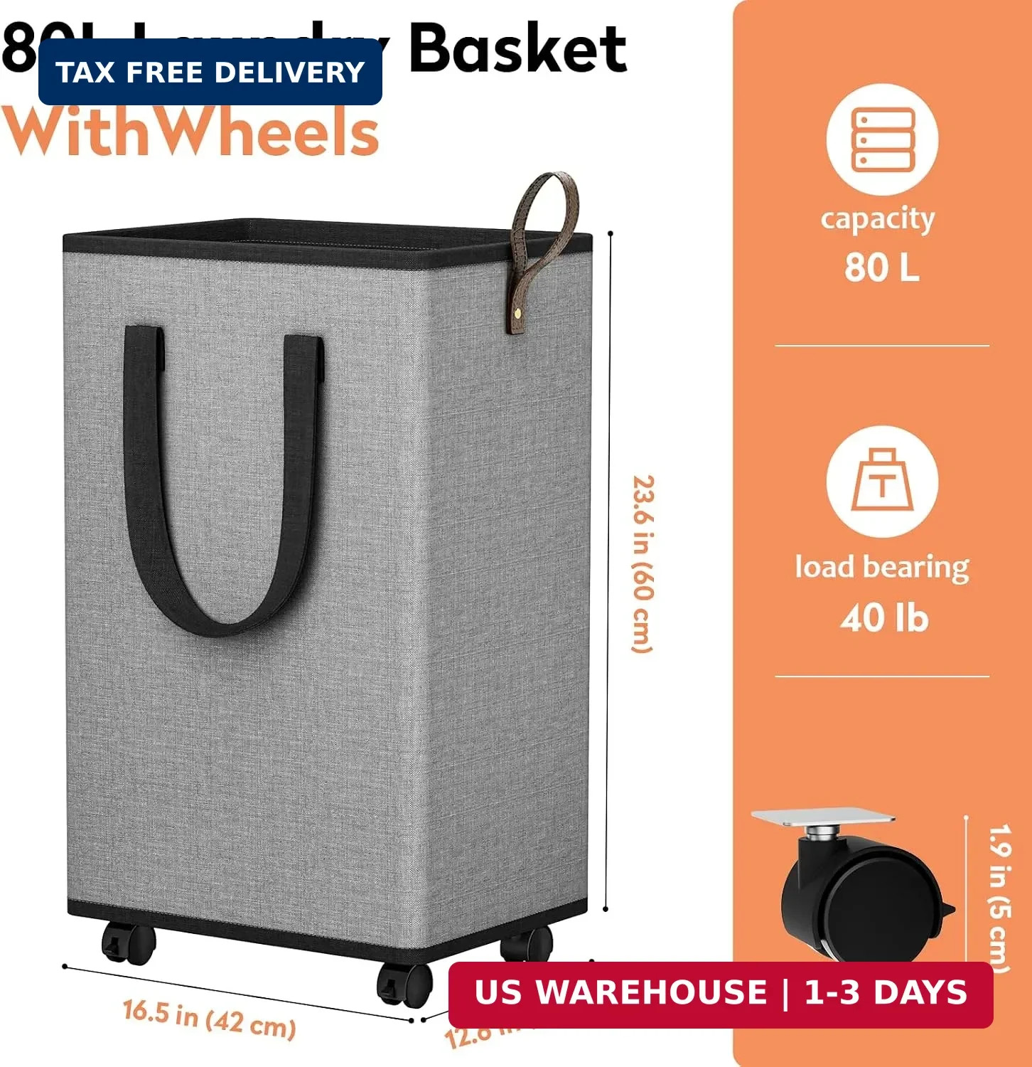 SpaceTrove Rolling Laundry Basket with Wheels, Laundry Hamper, 80L, Grey | Colla