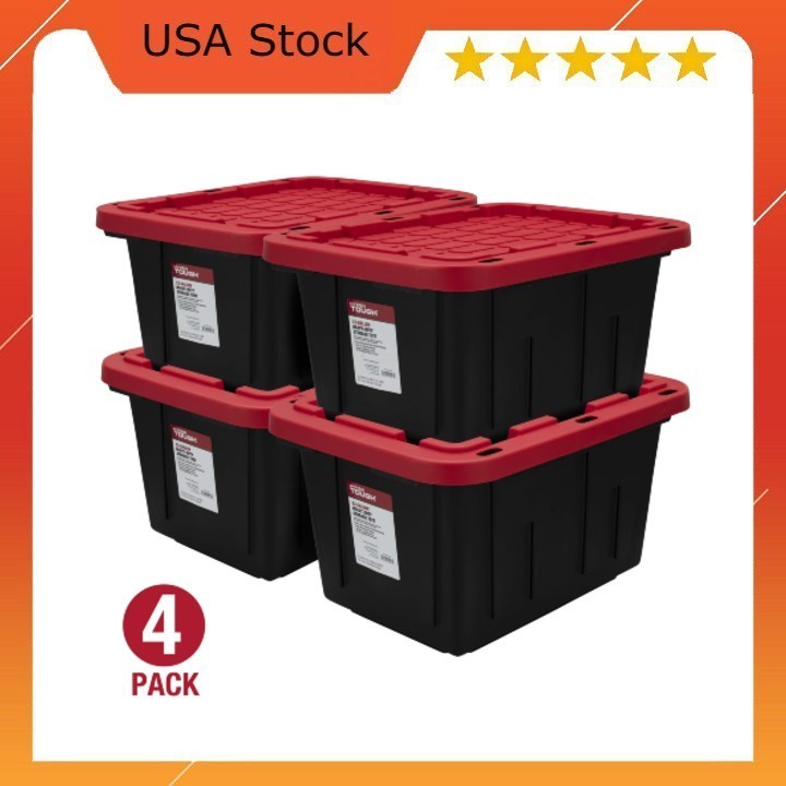(Pack of 4) Hyper Tough 12 Gallon Small Storage Bin with Snap Lid, Black and Red