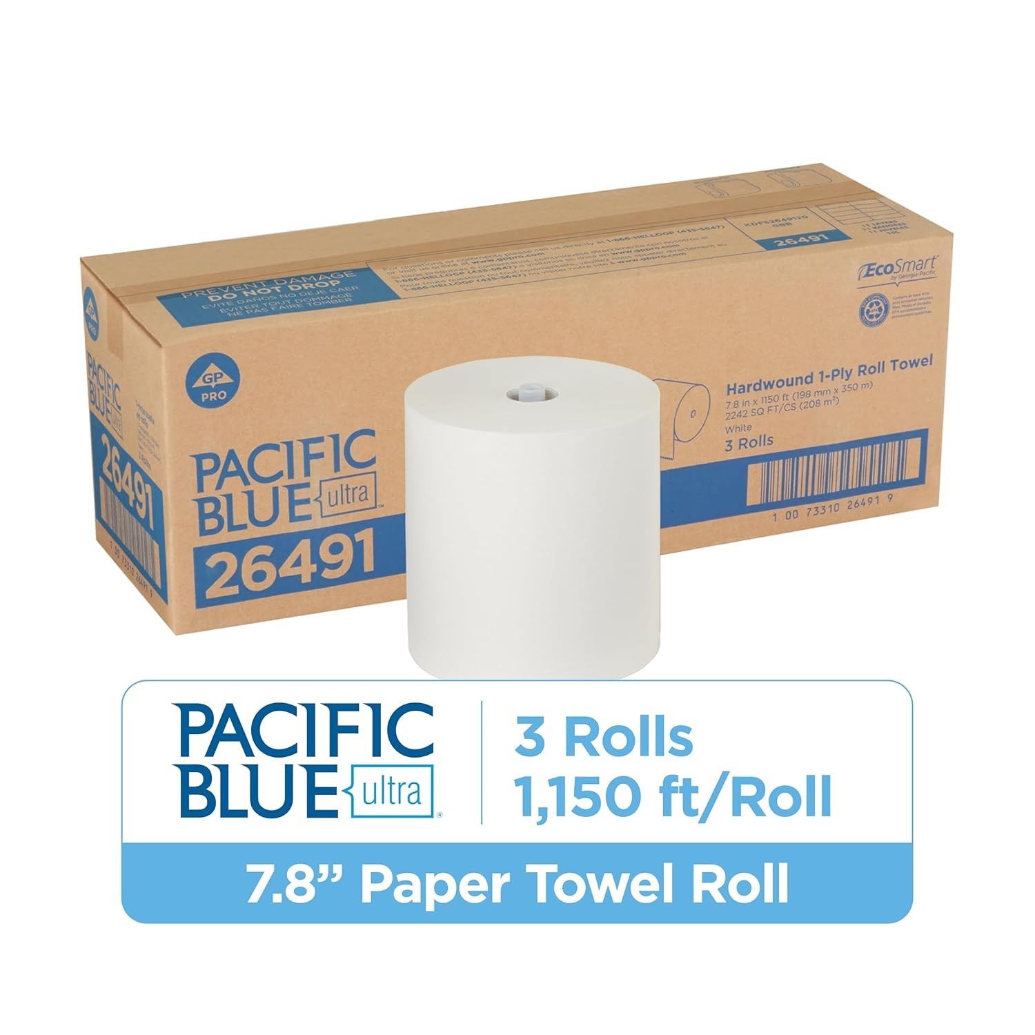 Hardwound Roll Towels 8 x 1150 ft White 3 Rolls/Carton, Recycled Paper Towel