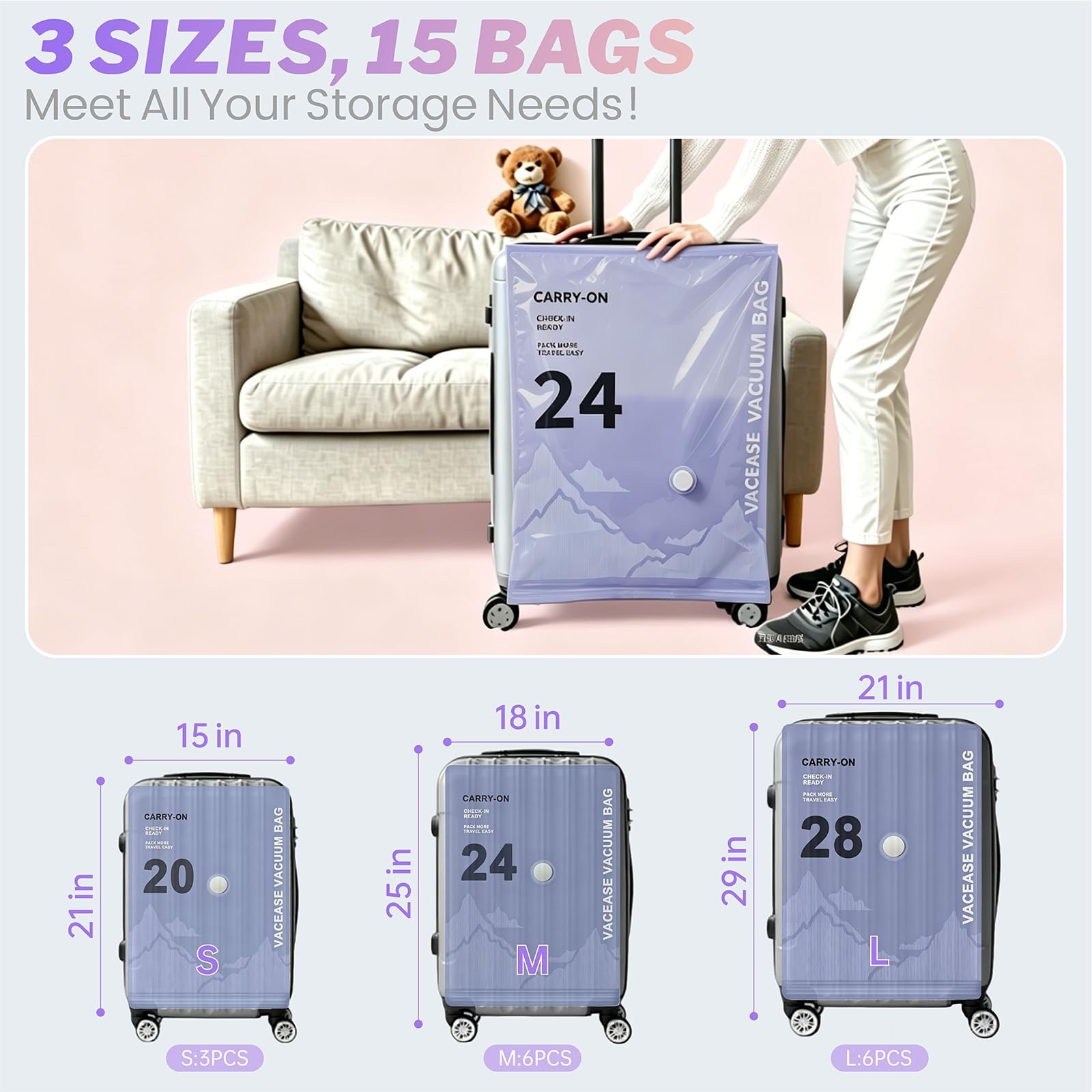 15 Pack Vacuum Storage Bags with Rechargeable Pump Travel Luggage Clothing