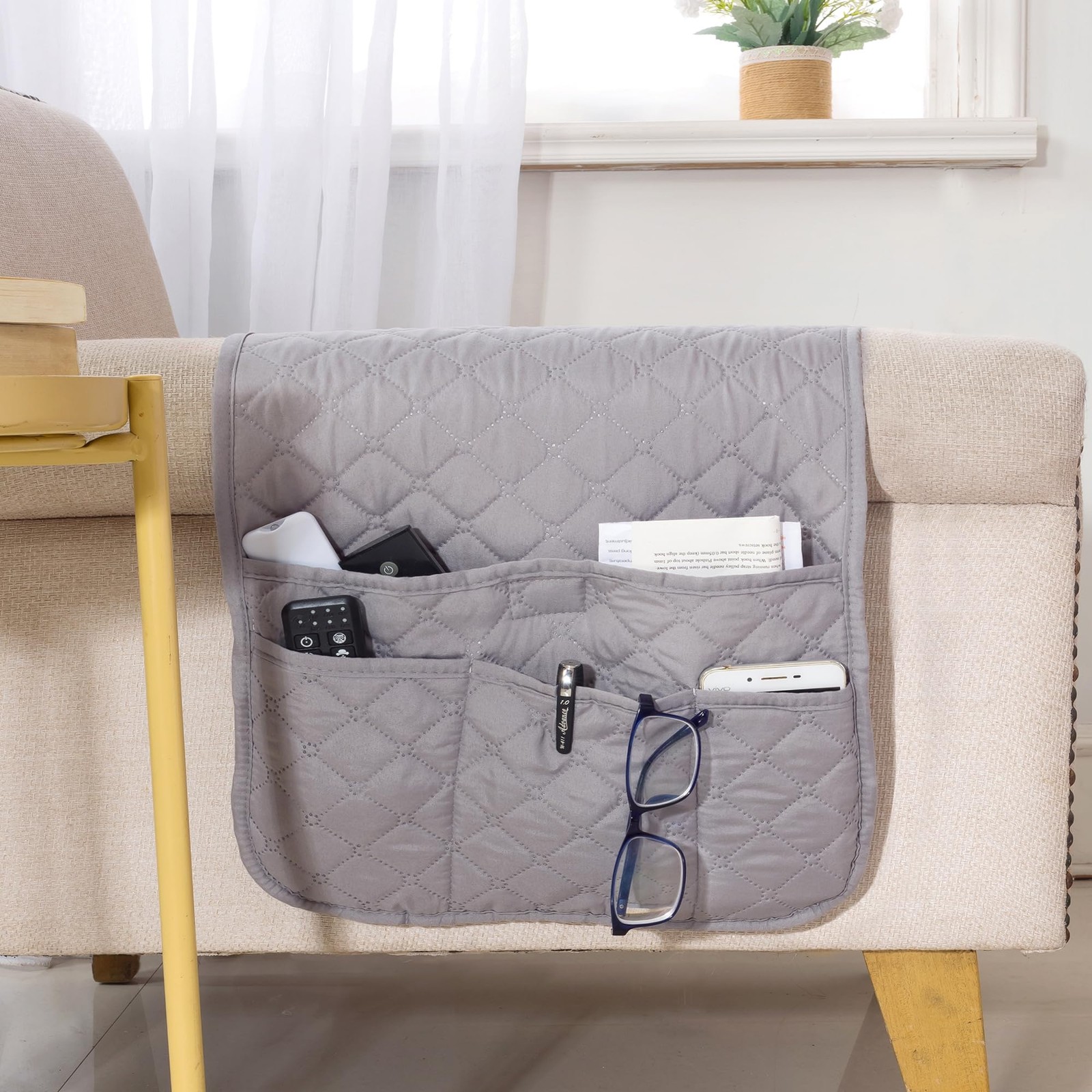 Armchair Caddy Couch Remote Control Holder Non-Slip 4 Pockets 35×13 Inch Grey