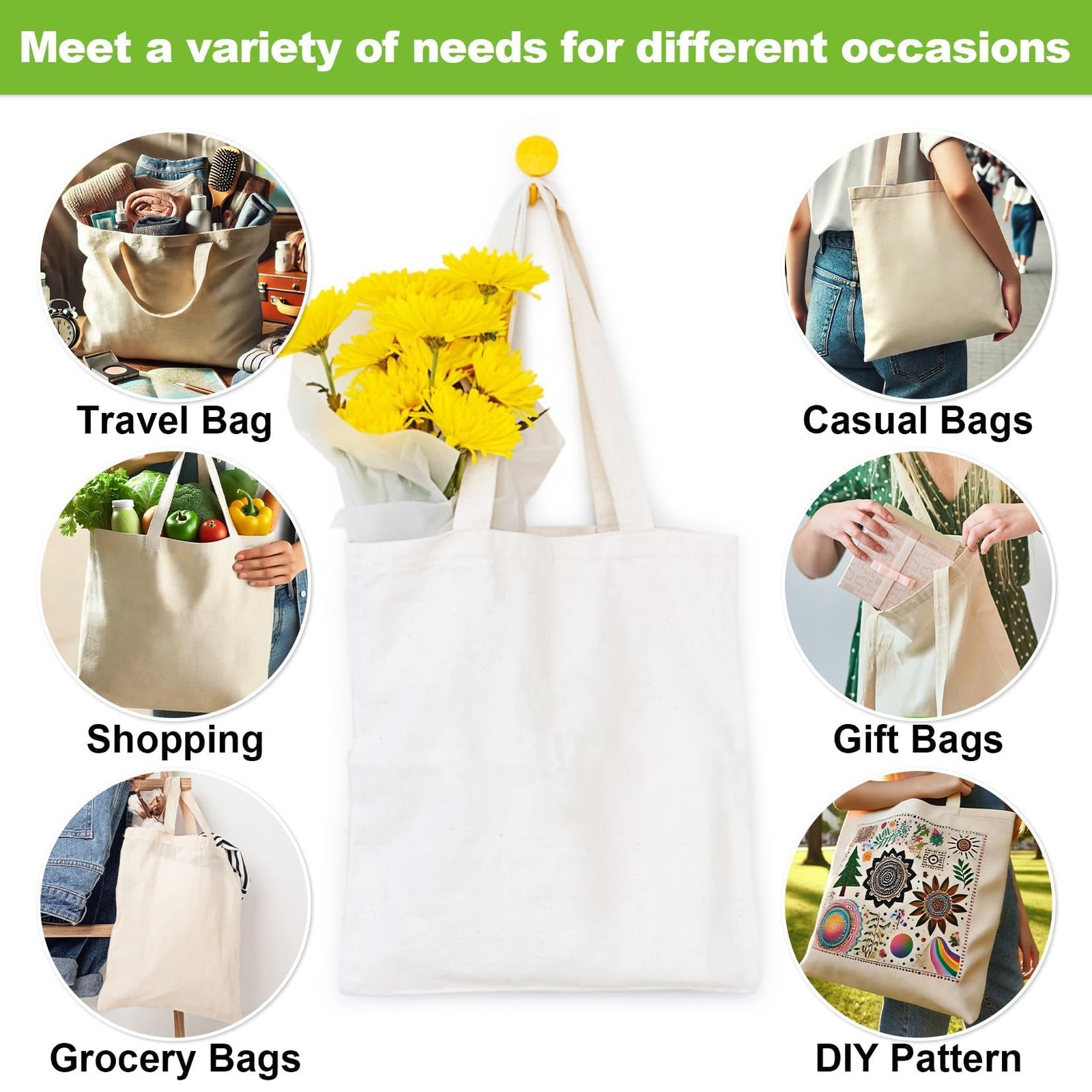 RAINFLOW Blank Canvas Tote Bags – 4 Pack Plain Cotton Totes Medium, Beige