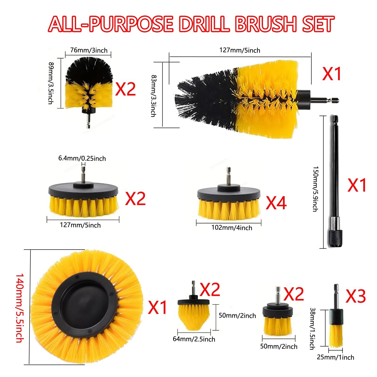 18 Pack Drill Brush Set – Power Scrub Attachments for Cleaning, Car Detailing, B