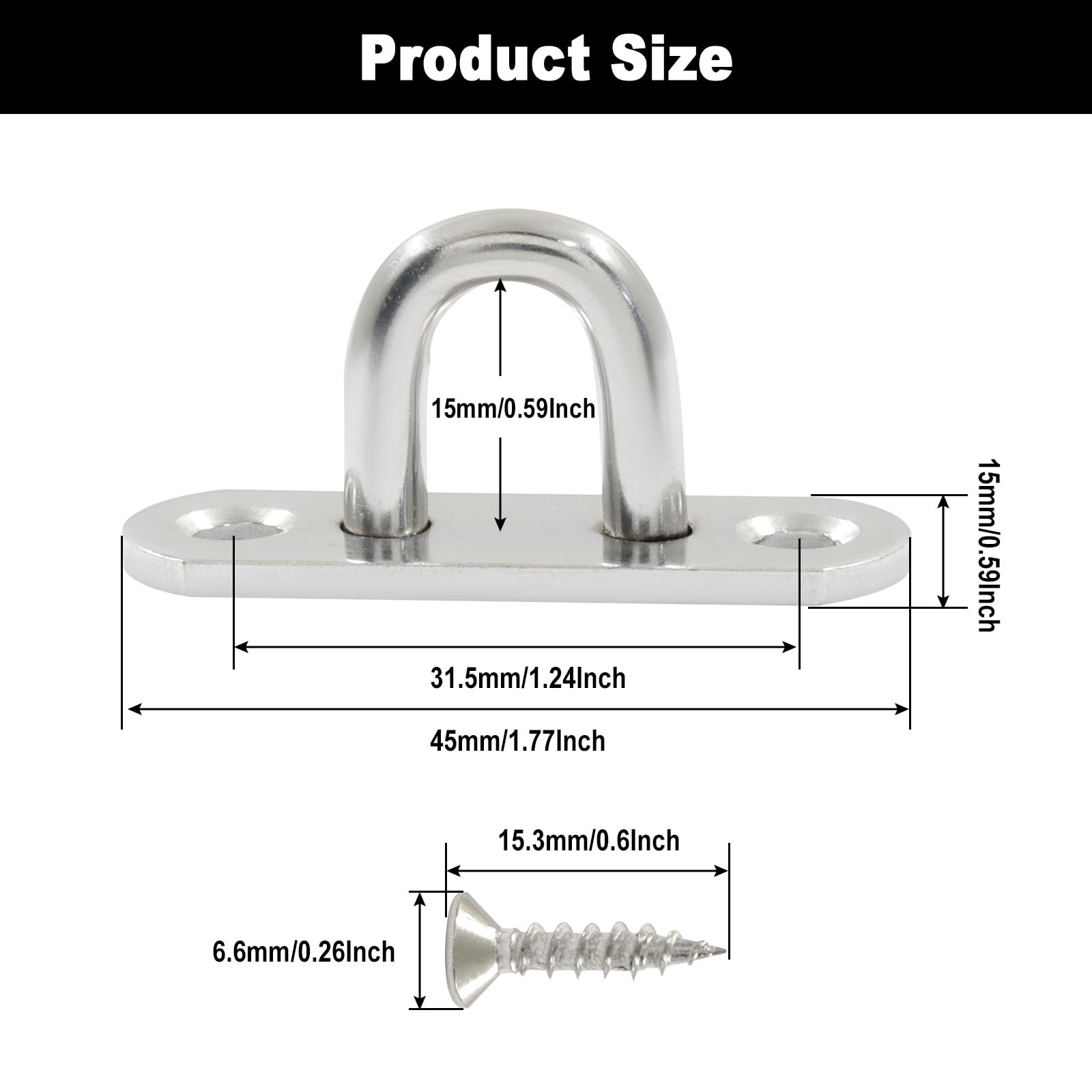 10 Pack 304 Stainless Steel Pad Eye Plate Hooks 1.75 x 0.57 Inch Hanger Ring
