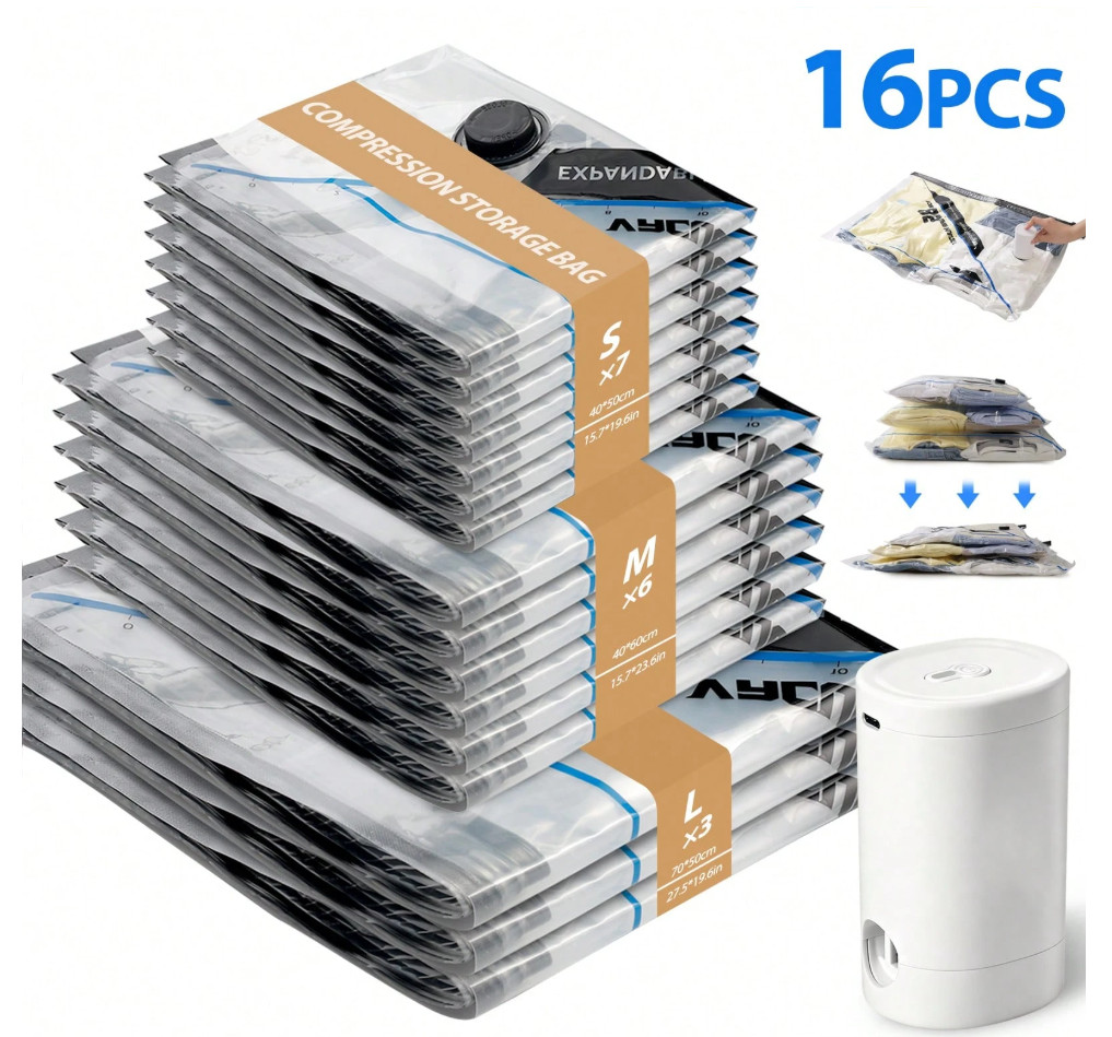 16 Pack Vacuum Storage Bags With Wireless Electric Pump.
