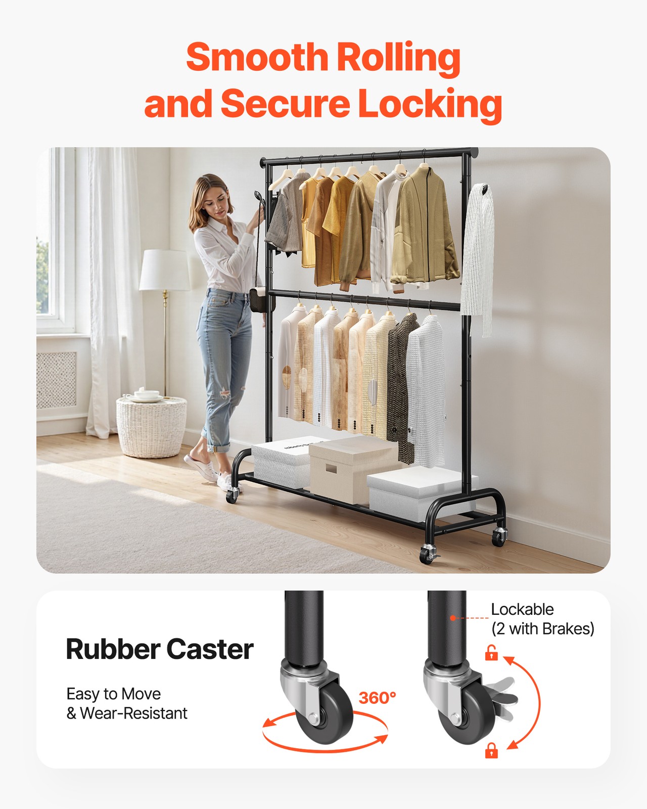 VEVOR Rolling Clothes Rack with Adjustable Crossbar & Side Hooks 150 lbs Load