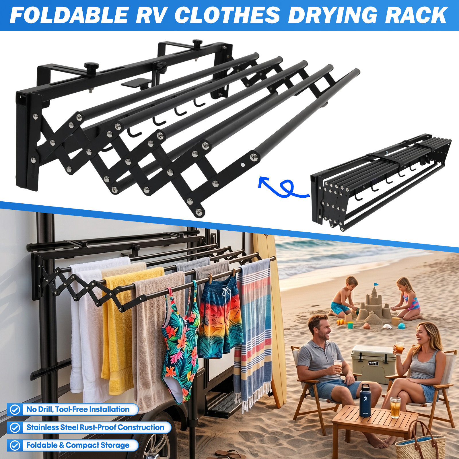 RV Clothes Drying Rack Foldable Laundry Hanger for Outdoor Travel, Camping, Boat