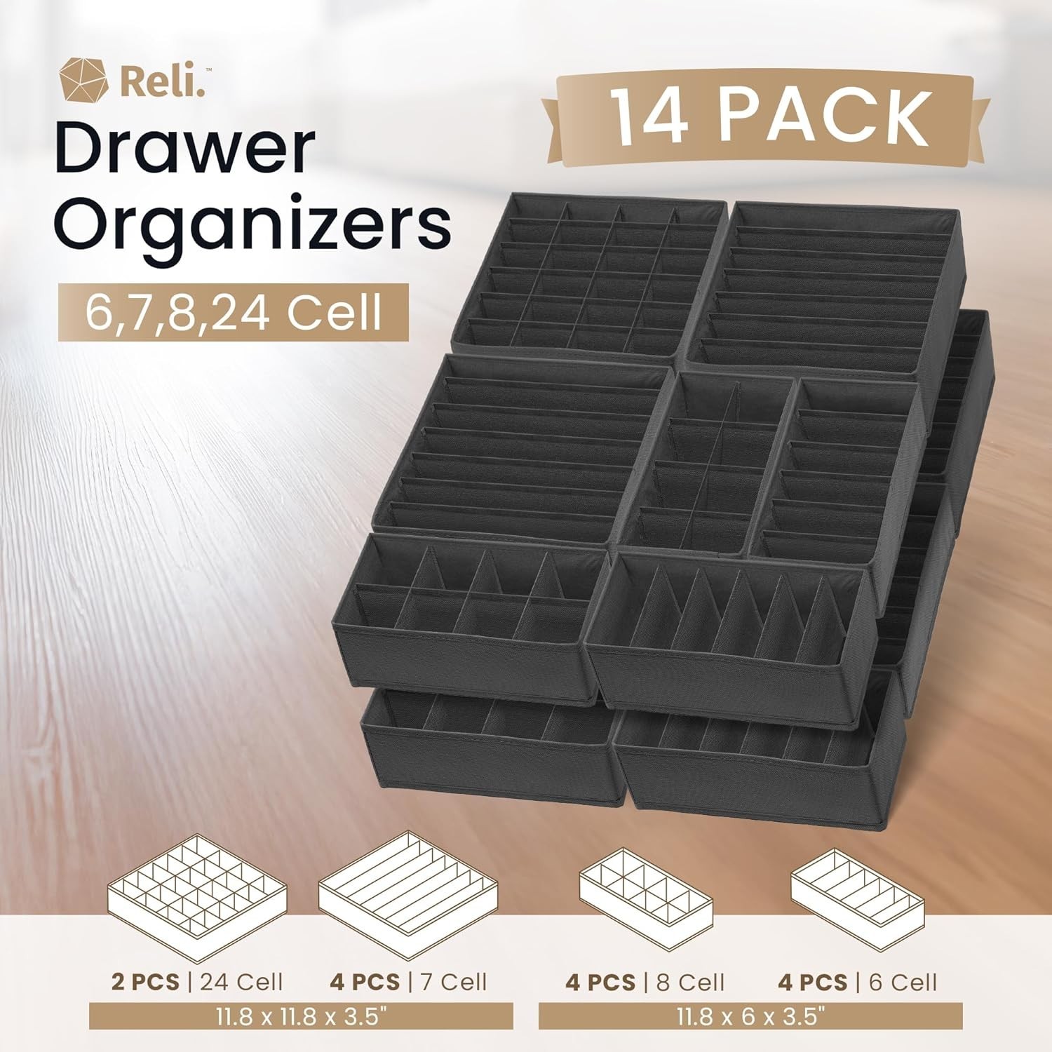 Sock Organizer 14 Pack | 132 Cell Underwear Organizer | Drawer Dividers for U…