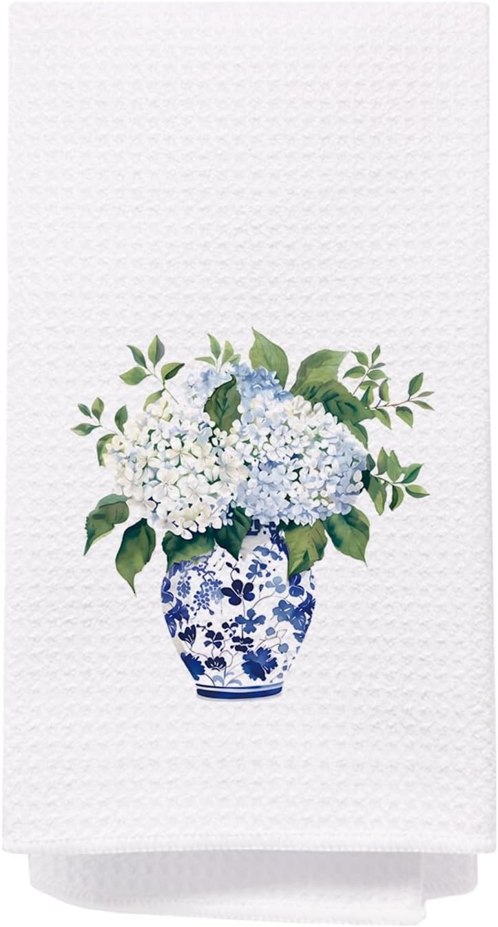 Blue and white Hydrangea Chinoiserie Kitchen Towels, Blue Floral Dish Towels for