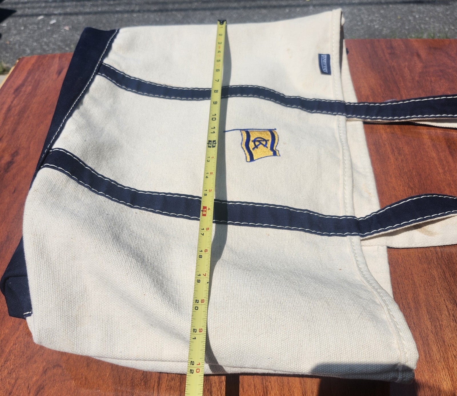 Vintage Lands’ End Canvas Tote Bag Heavy Duty White/Blue USA Nice