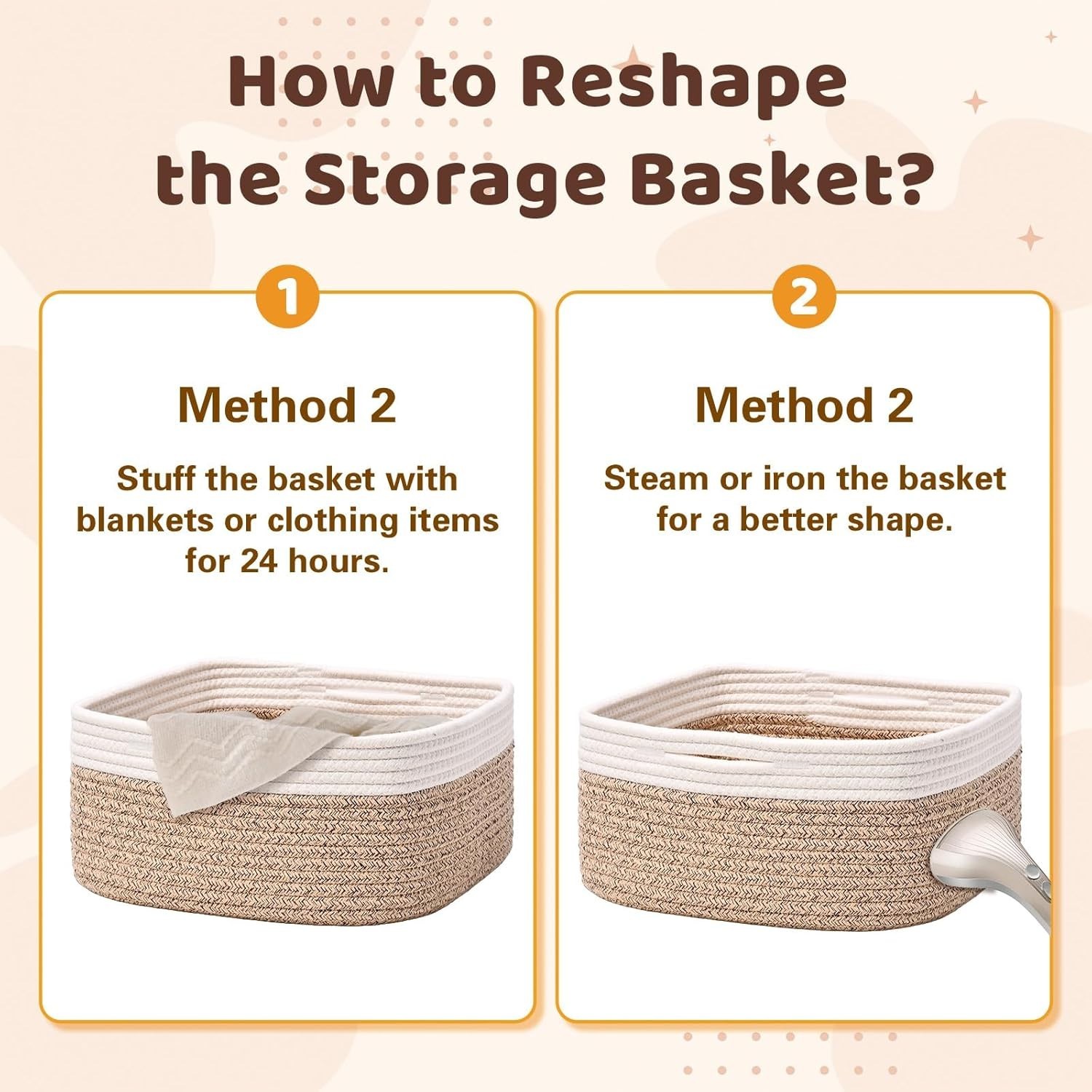 Storage Baskets for Shelves, 2 Pack Shallow Basket – 10.5″ x 10.5″ x 5.5″, Rope