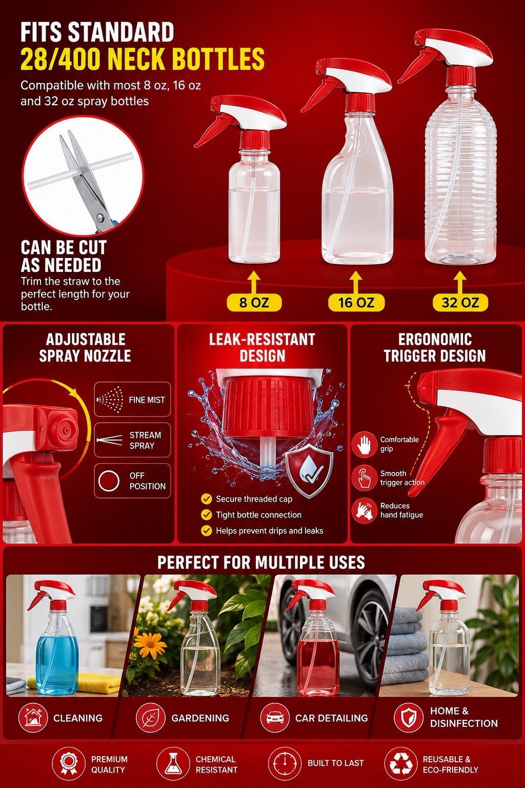 Trigger Sprayers, 12-Pack, Heavy Duty Chemical Resistant 8,16,32oz Nozzle Head