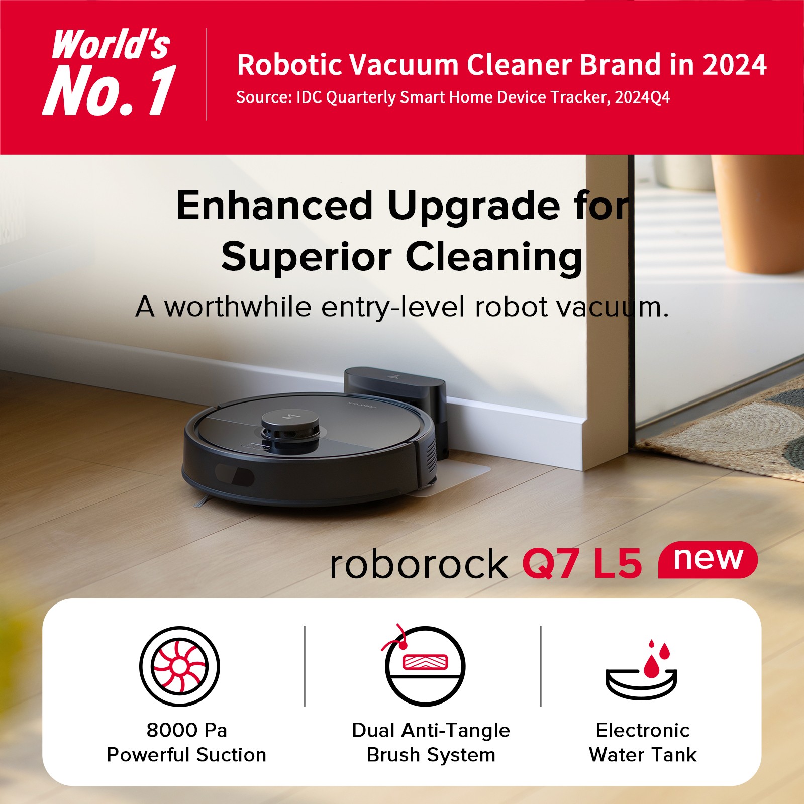 Roborock Q7 L5 Robot Vacuum Cleaner, 8000Pa, Dual Anti-Tangle System, LiDAR Nav