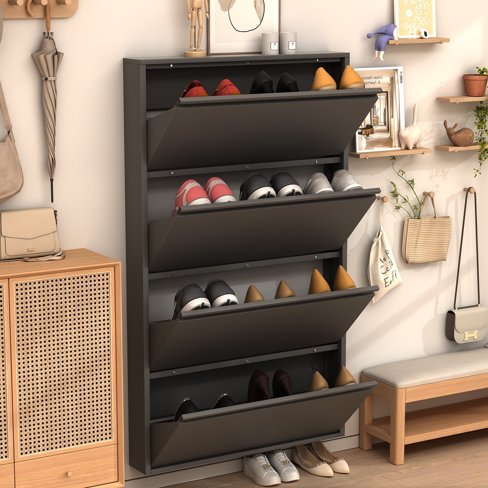 Metal Shoe Cabinet with 4 Flip Drawers, Wall Mount Shoe Organizer for Entryway