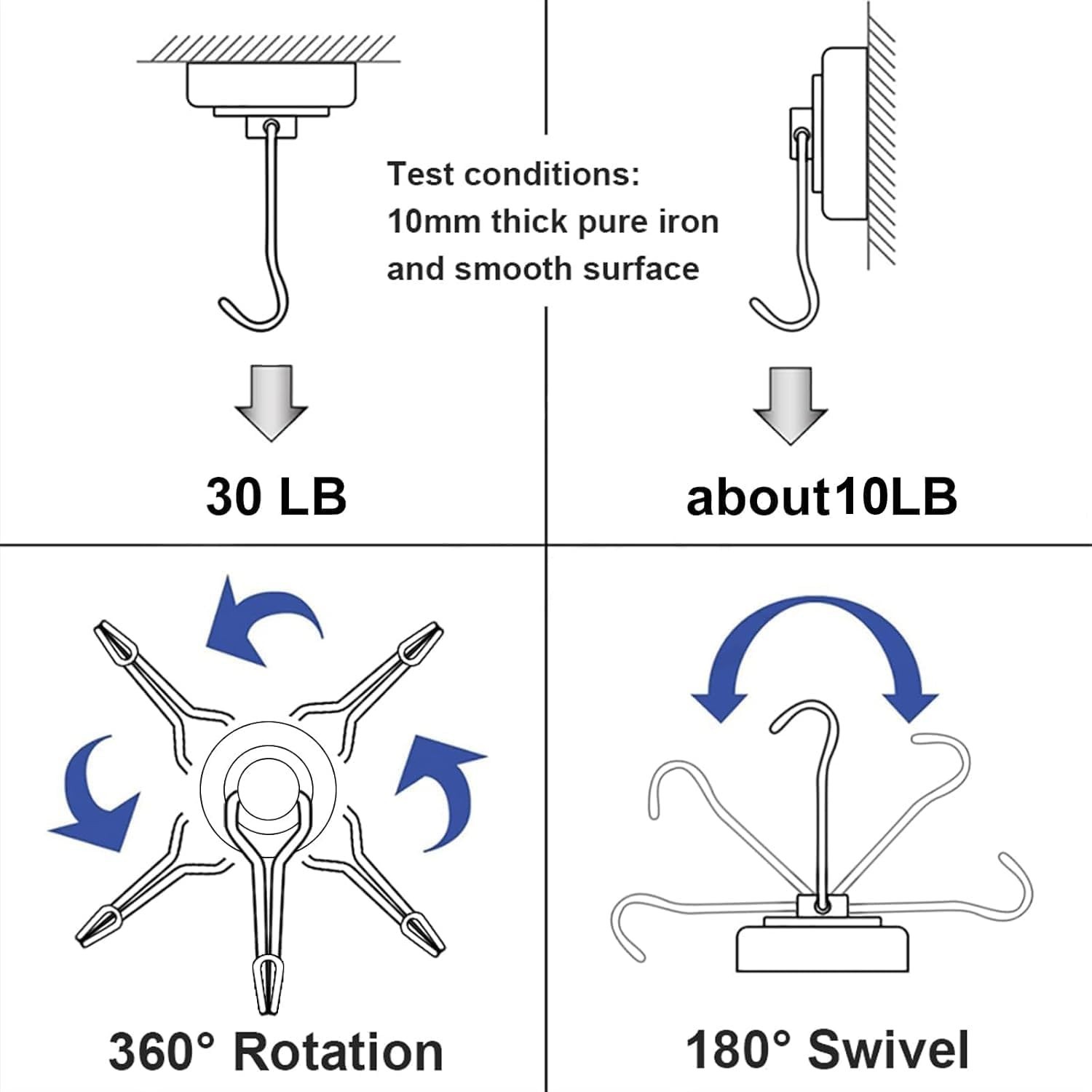 Swivel Swing Magnetic Hooks, 30lbs Capacity, Pack of 10 for Home & Outdoor Use