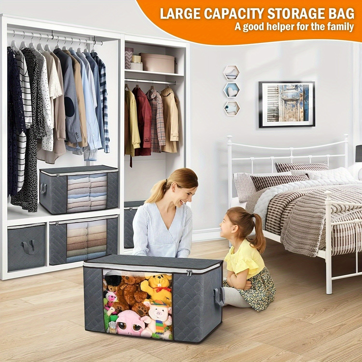 4Pcs 90L Fabric Storage Bins Clear Window Collapsible Organizer Box for Closet