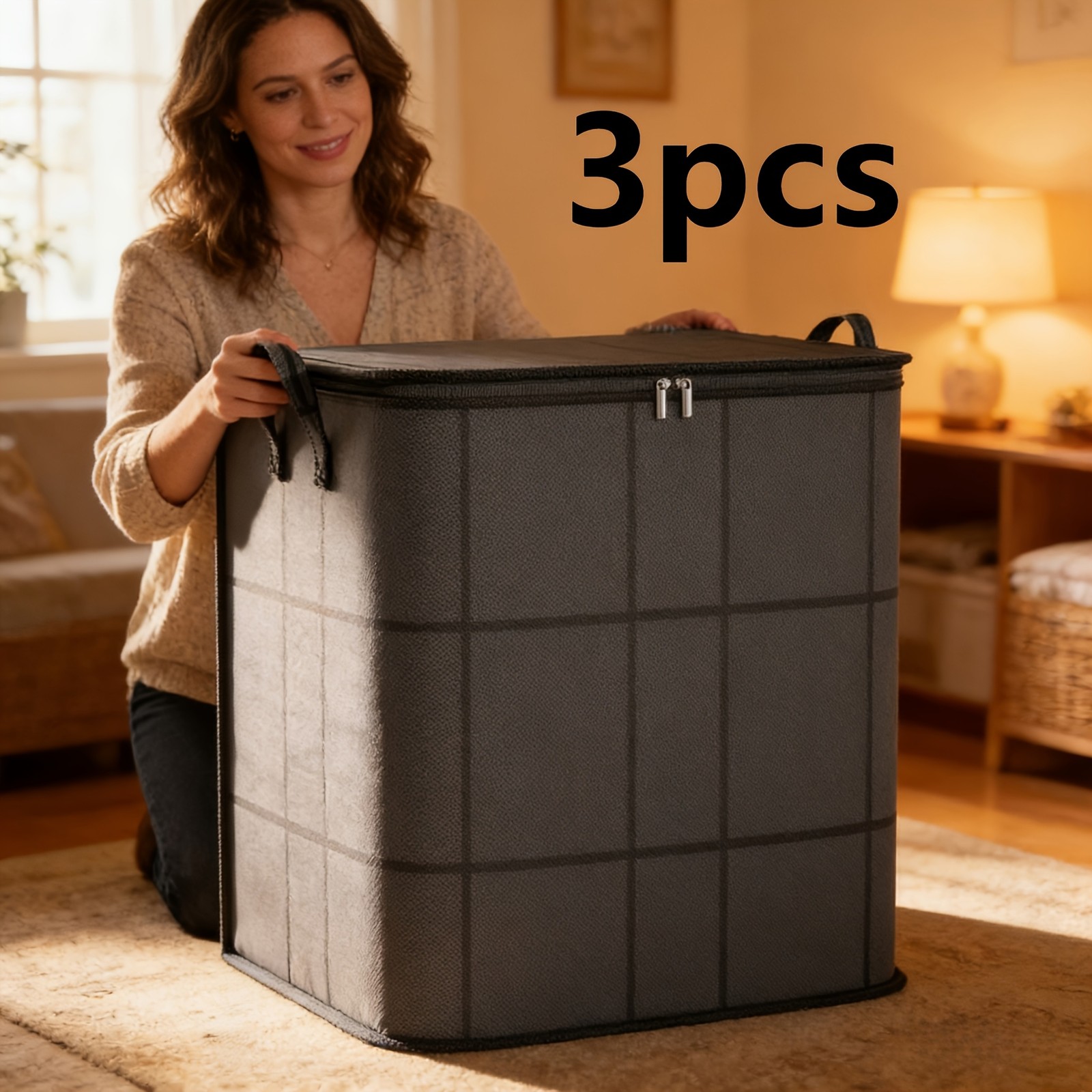 3 Pack Large Clothes Storage Bags Foldable Double Zipper Quilt Blanket Closet