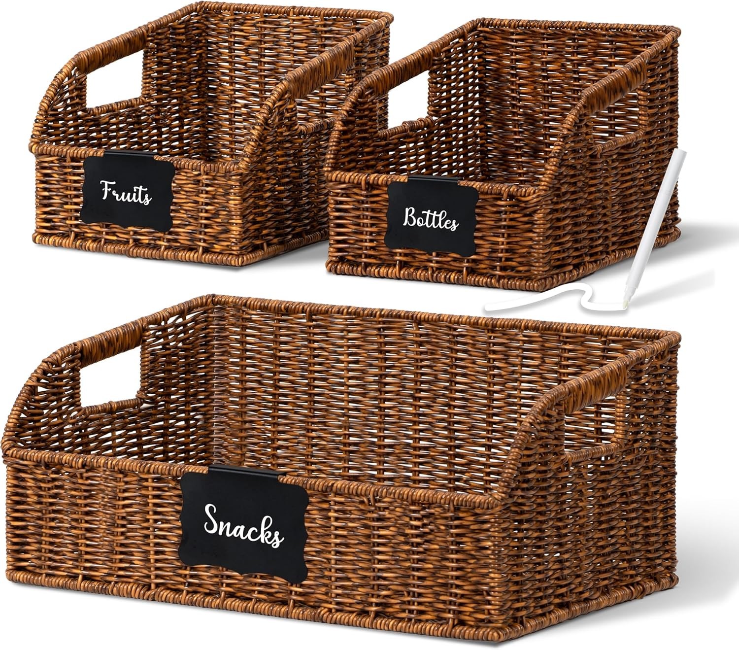 Faux Wicker Pantry Storage Baskets, Brown-Single Set (3-Piece) | Handwoven Baske