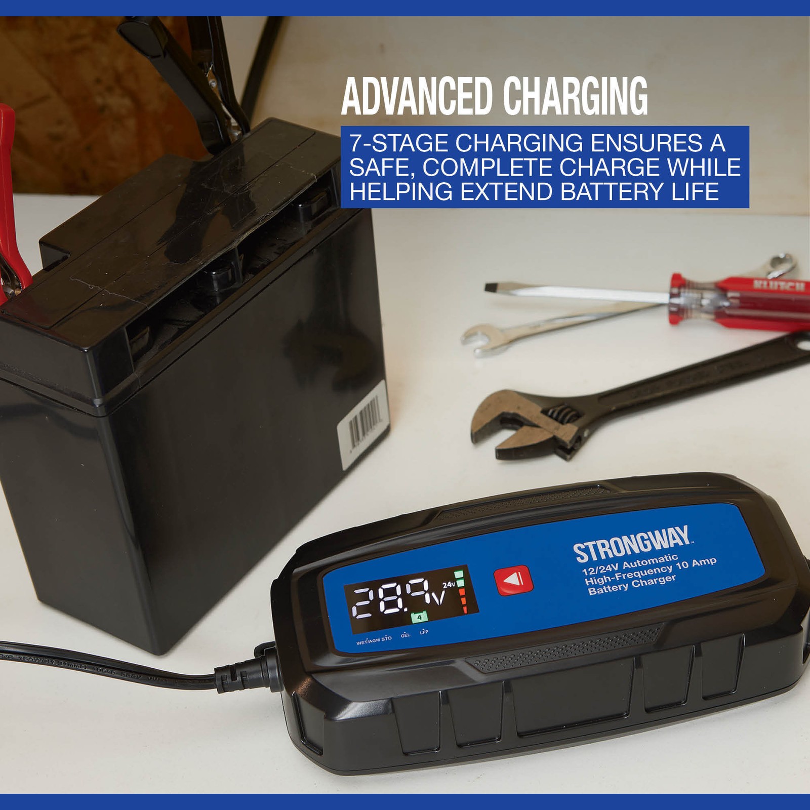 Strongway 12/24V Smart Battery Charger, 120V Input, 10A Max. Output, 3 Settings